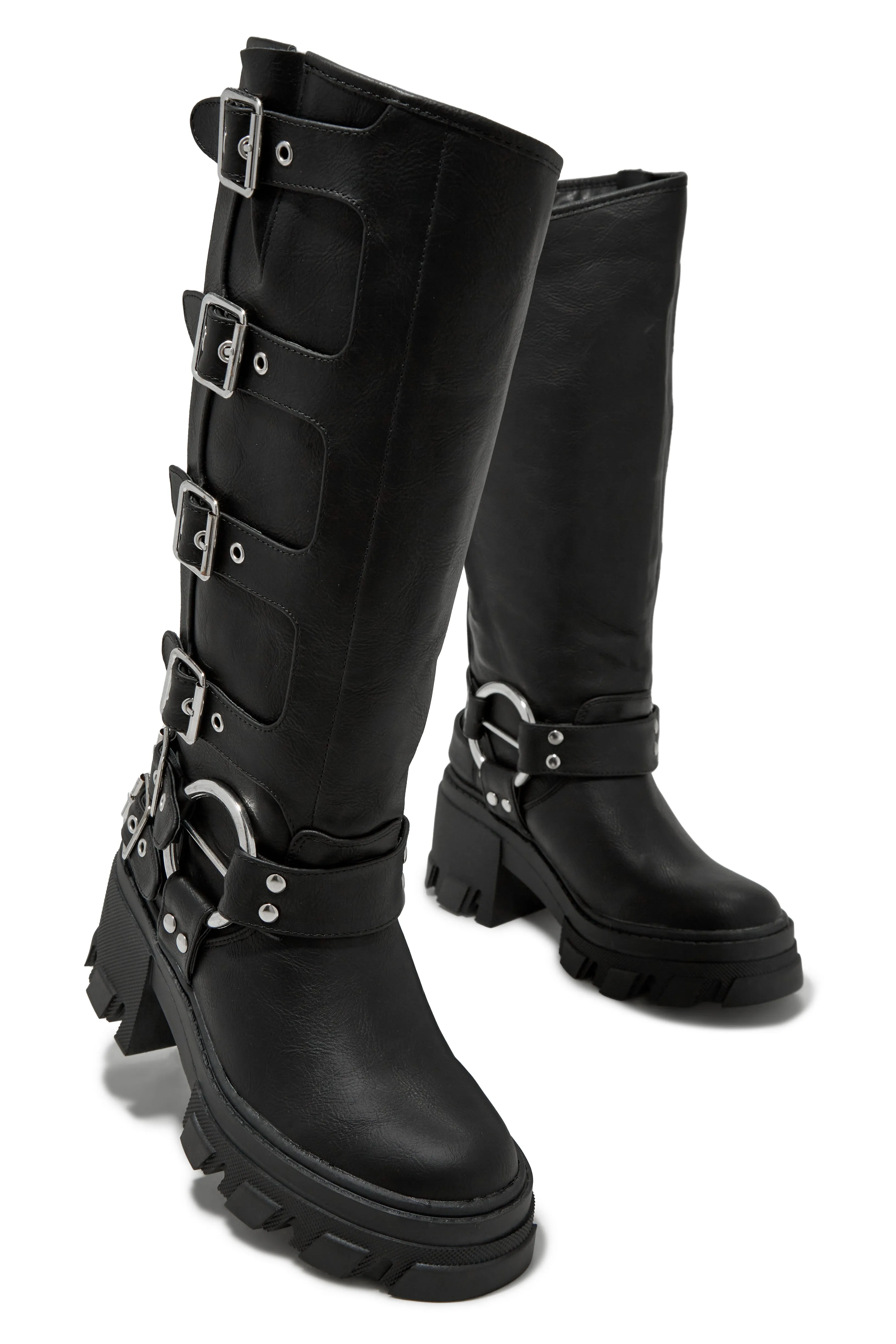 Alix Knee High Buckle Combat Boots - Black