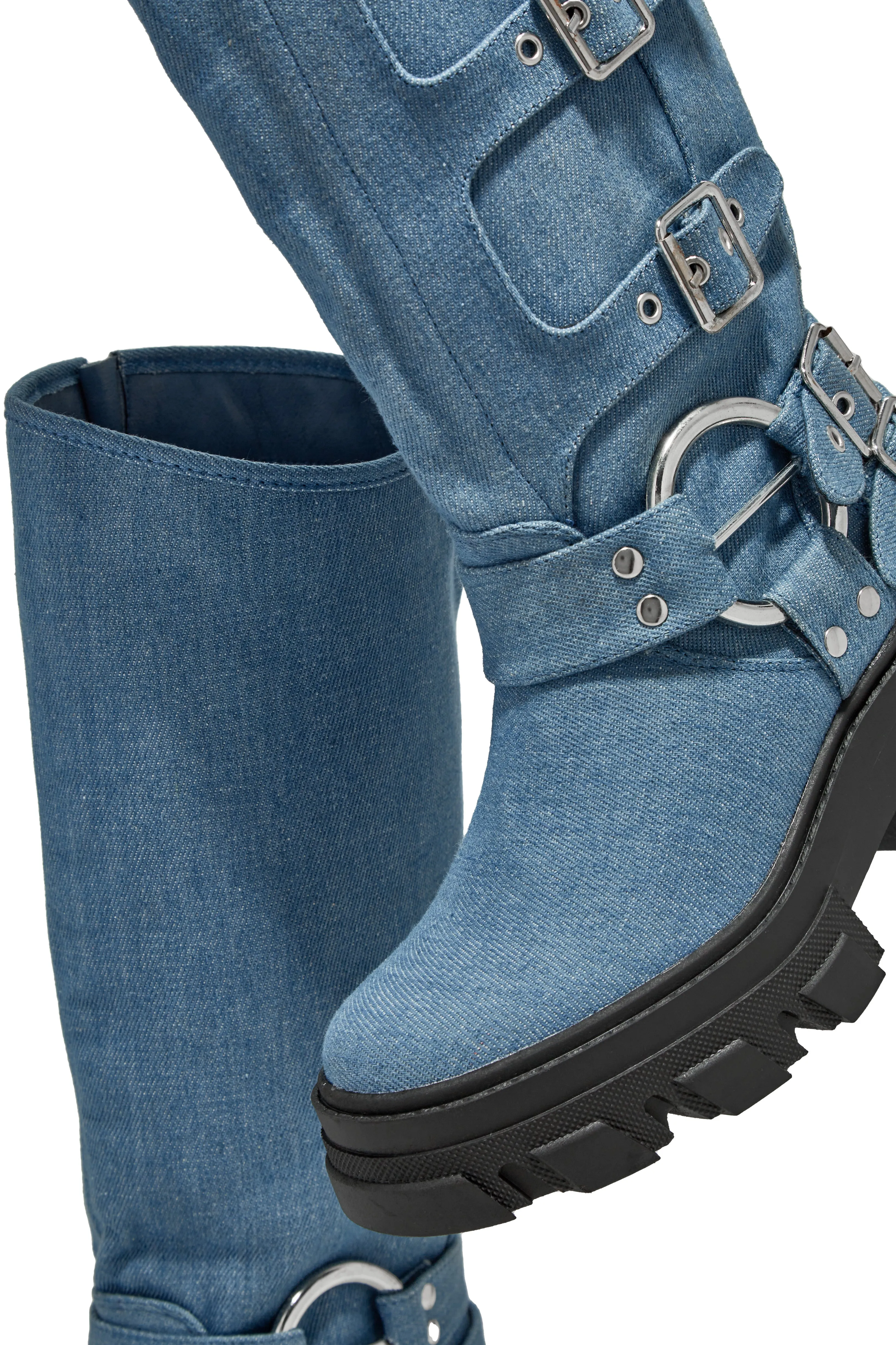 Alix Knee High Buckle Combat Boots - Denim