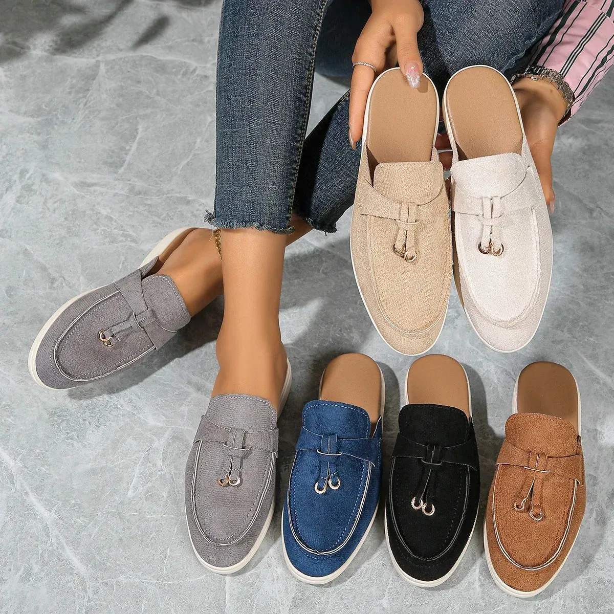 Amozae-New Casual Flat Bottom Mules Lock Tassel Loafers Fashion Women Single Shoes Brand Metal Buckle Slipper Comfortable Slip on Shoes