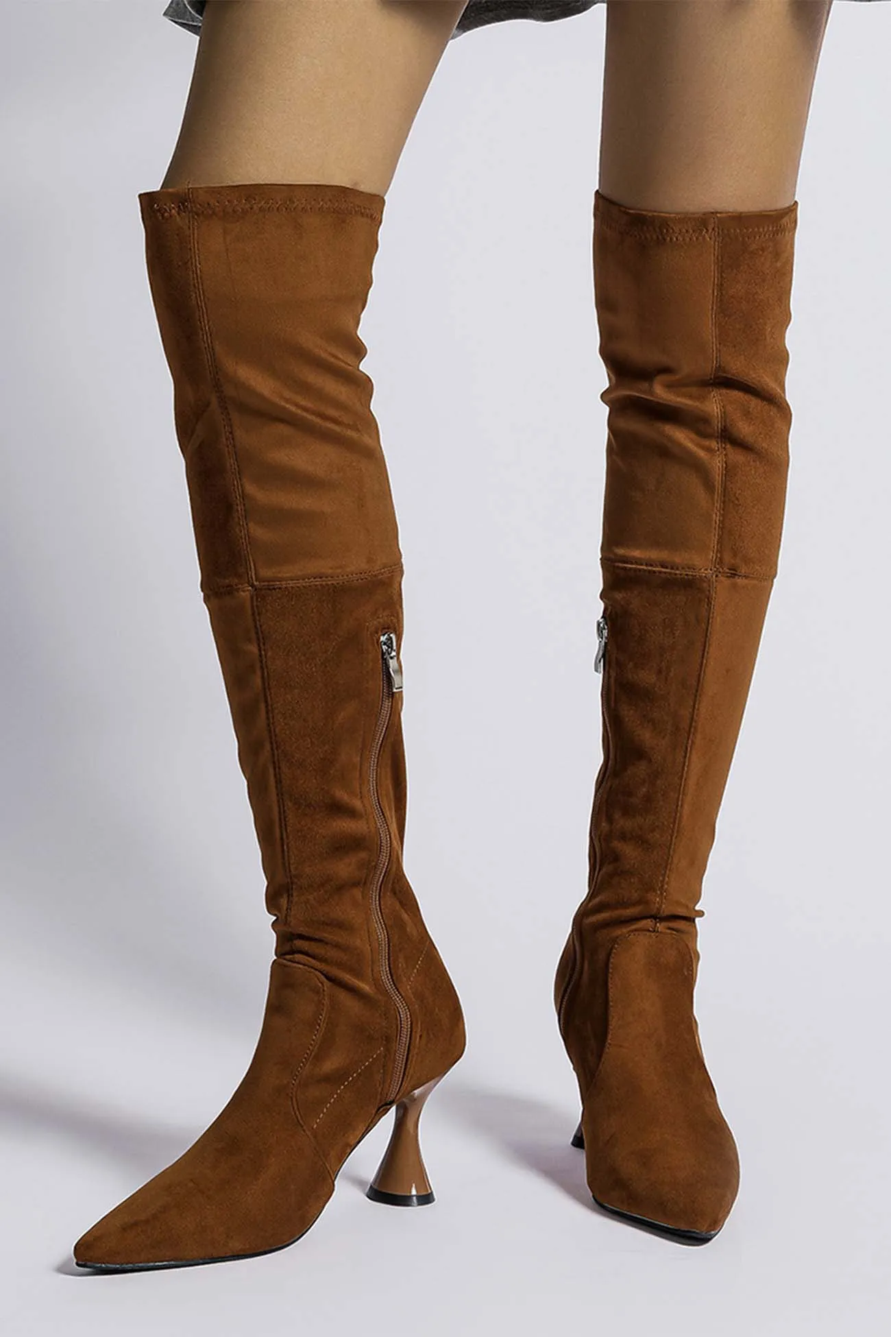 Amozae-Suede Pointed Toe Patchwork Stretchy Over the Knee Boots