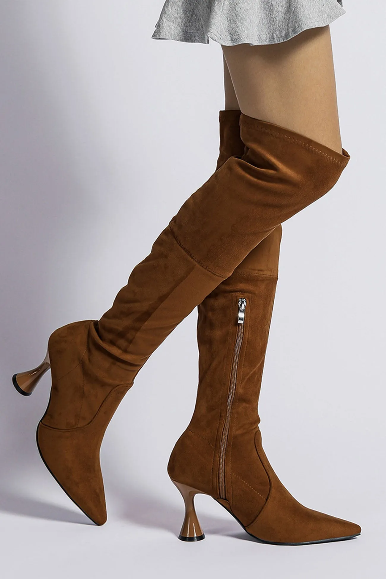 Amozae-Suede Pointed Toe Patchwork Stretchy Over the Knee Boots