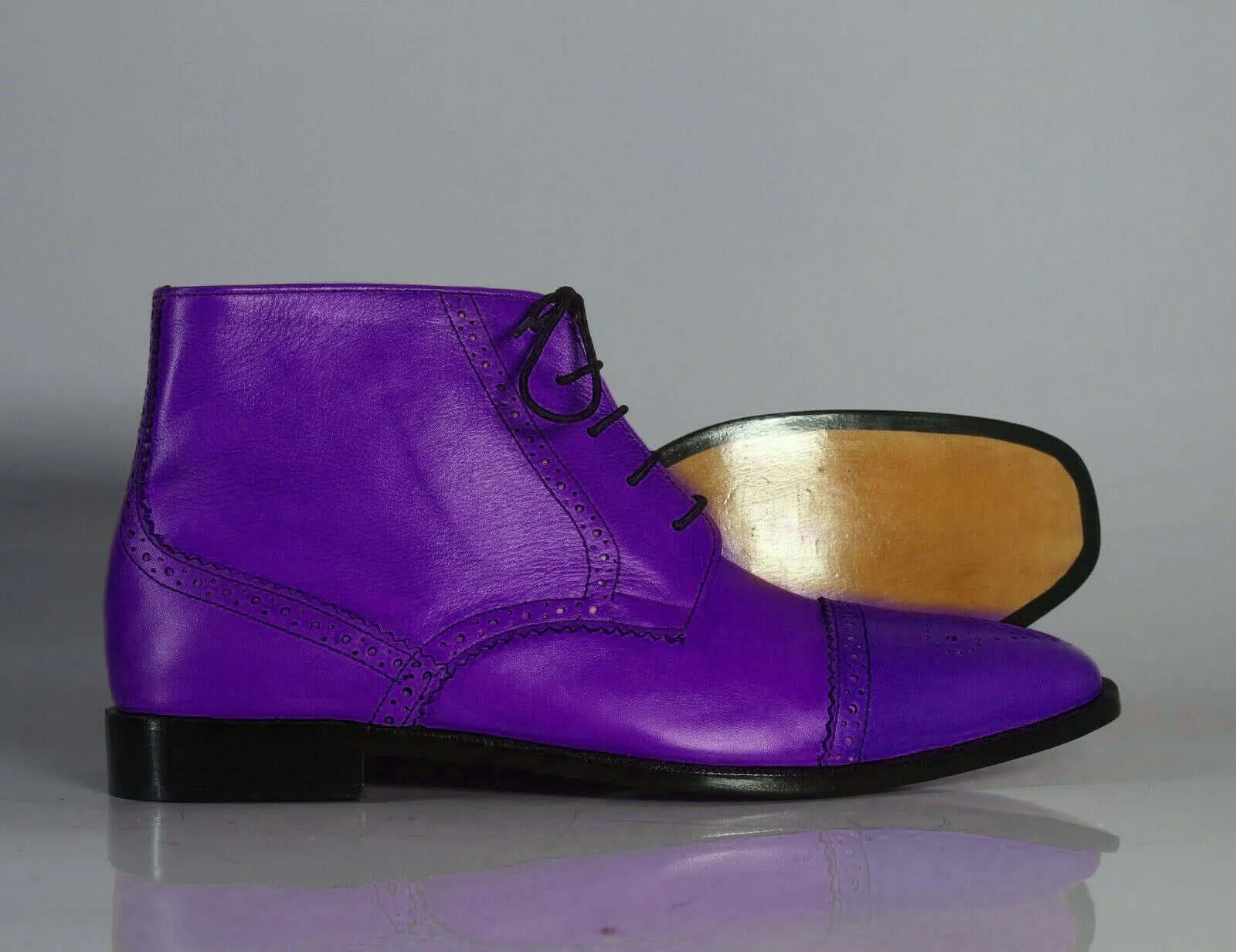 Ankle High Purple Cap Toe Leather Boot For Men's