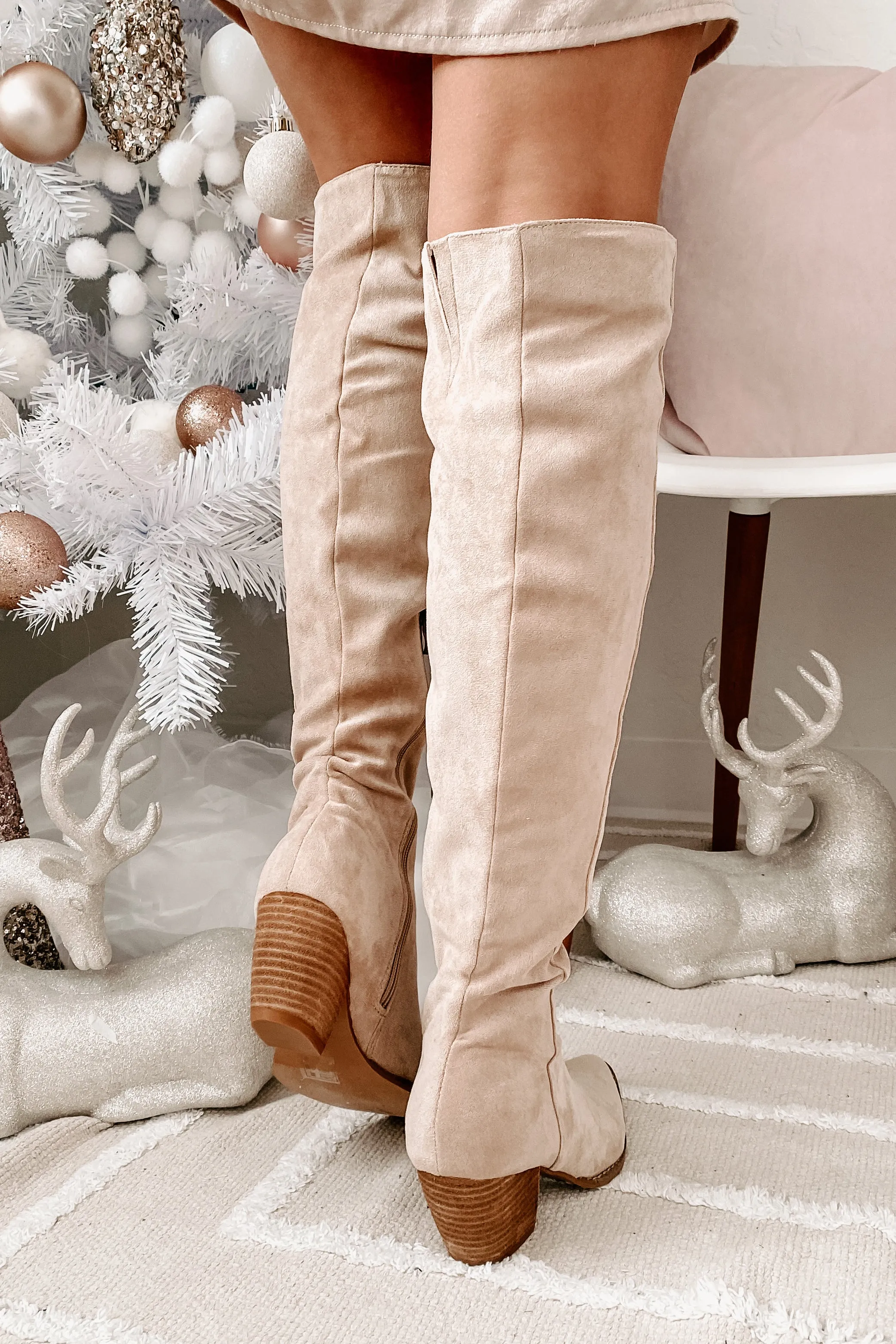 Arisa Faux Suede Over The Knee Boots (Beige)