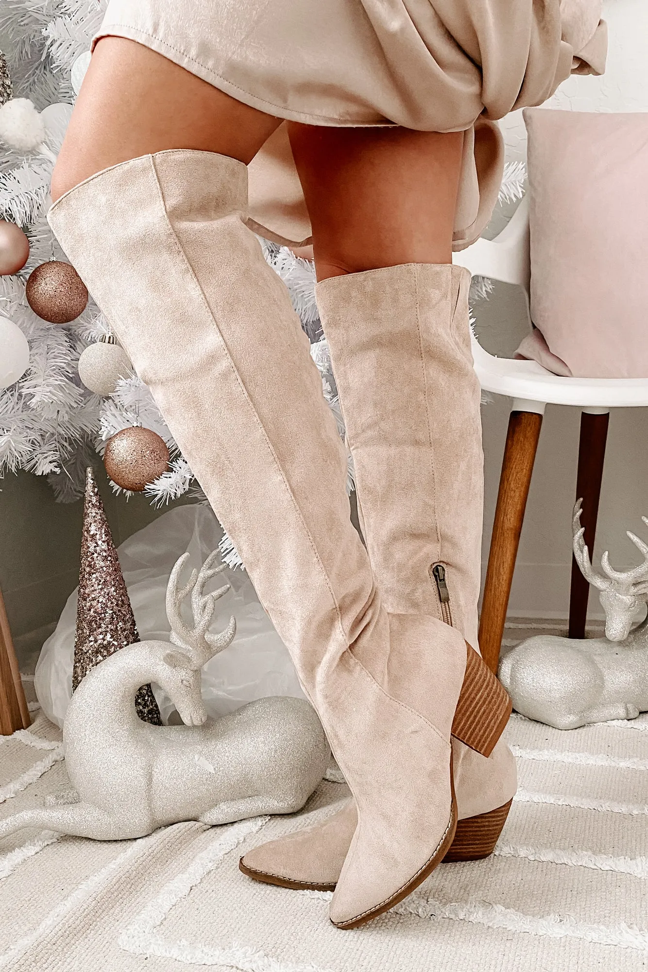 Arisa Faux Suede Over The Knee Boots (Beige)