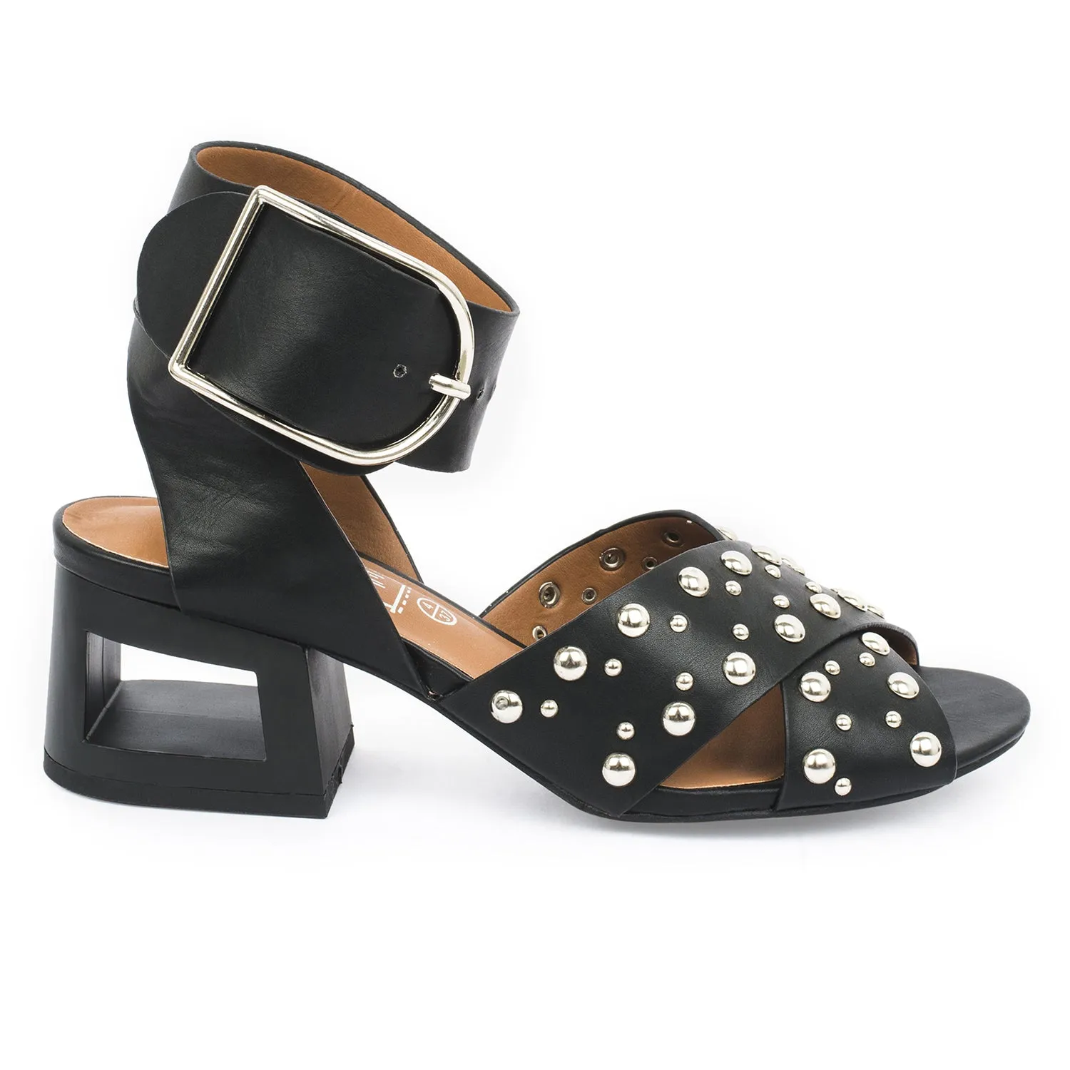 Black Block Studded Cross Over Heeled Sandal