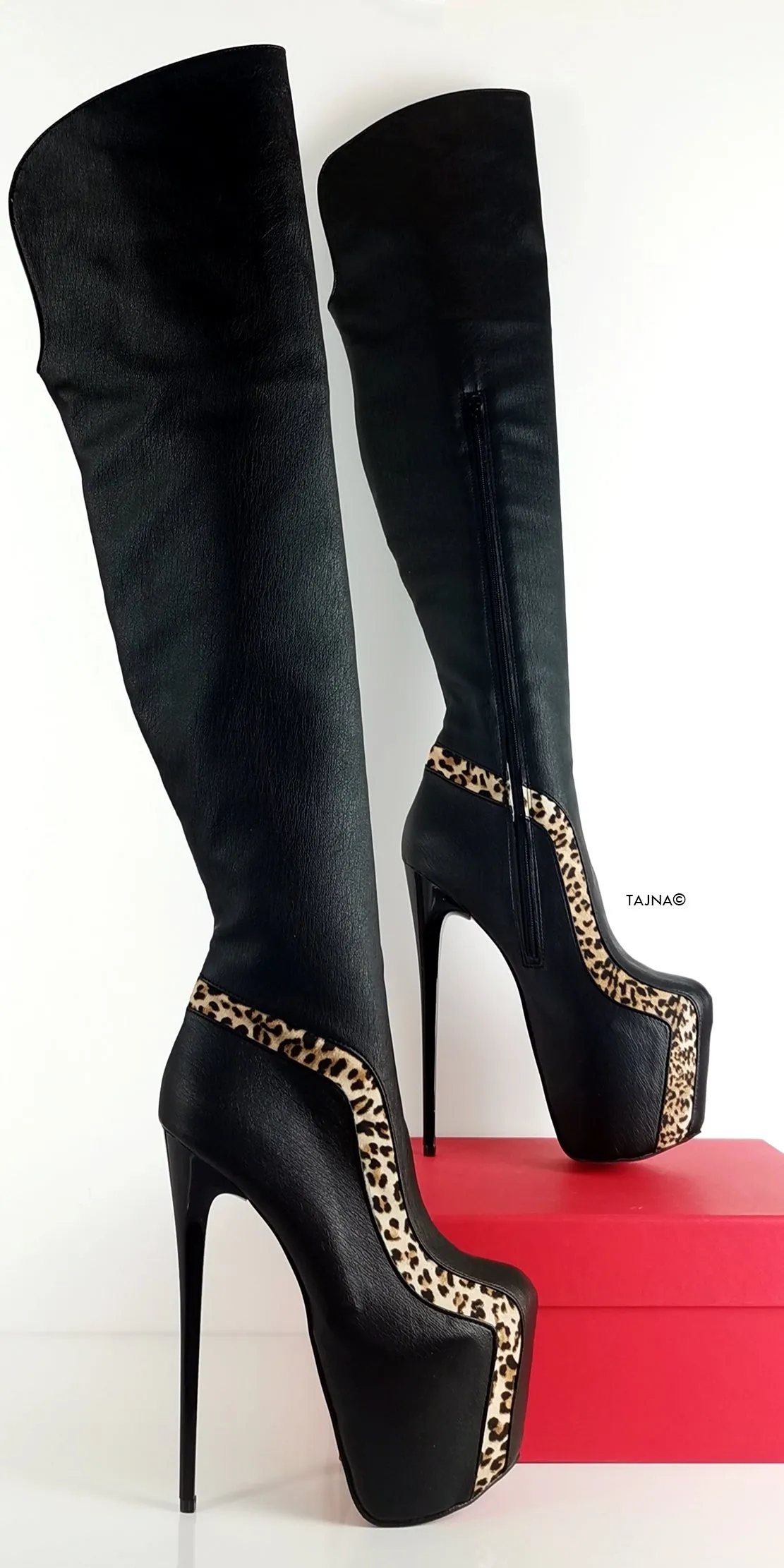 Black Leopard Detail Knee High Boots