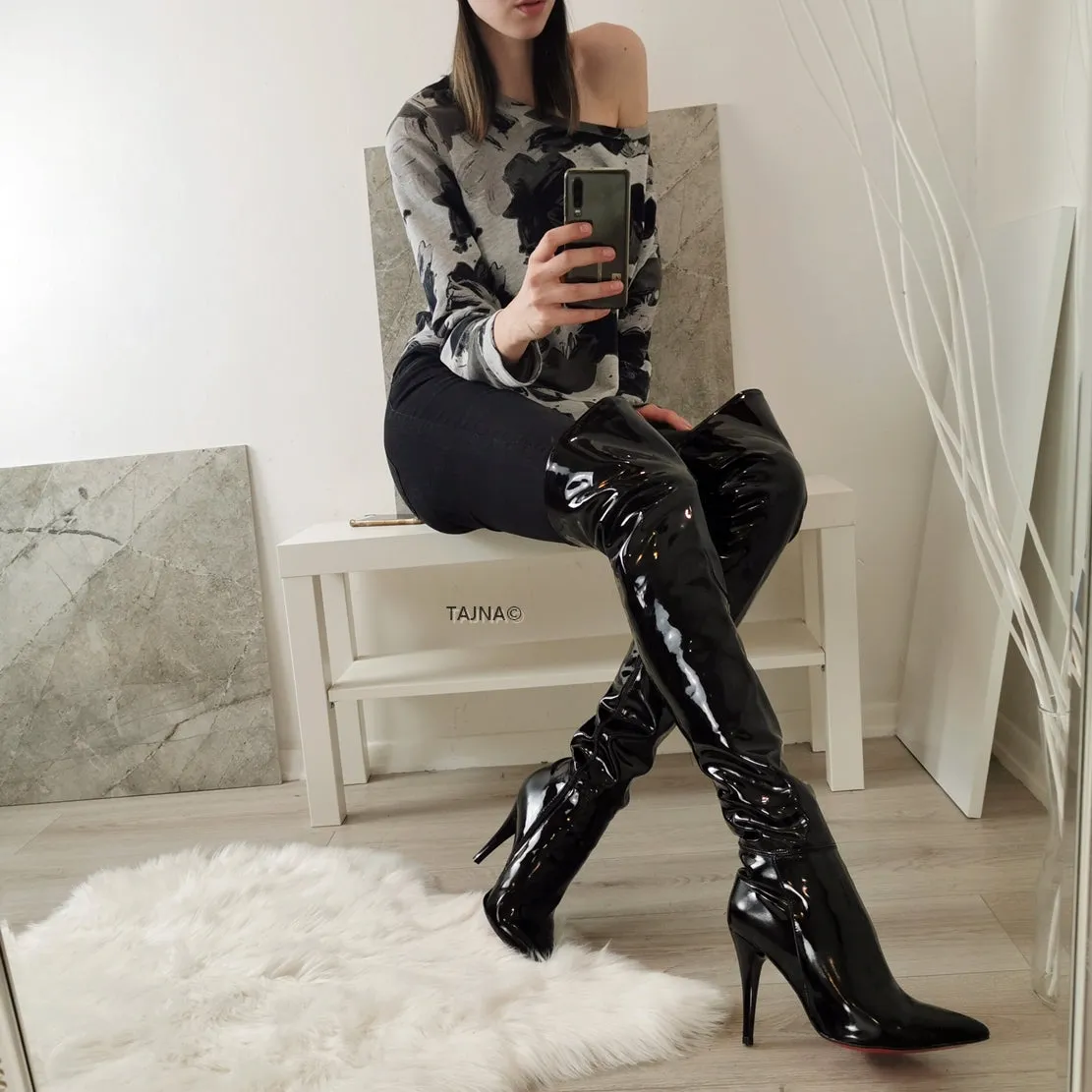 Black Patent Knee High Long Boots