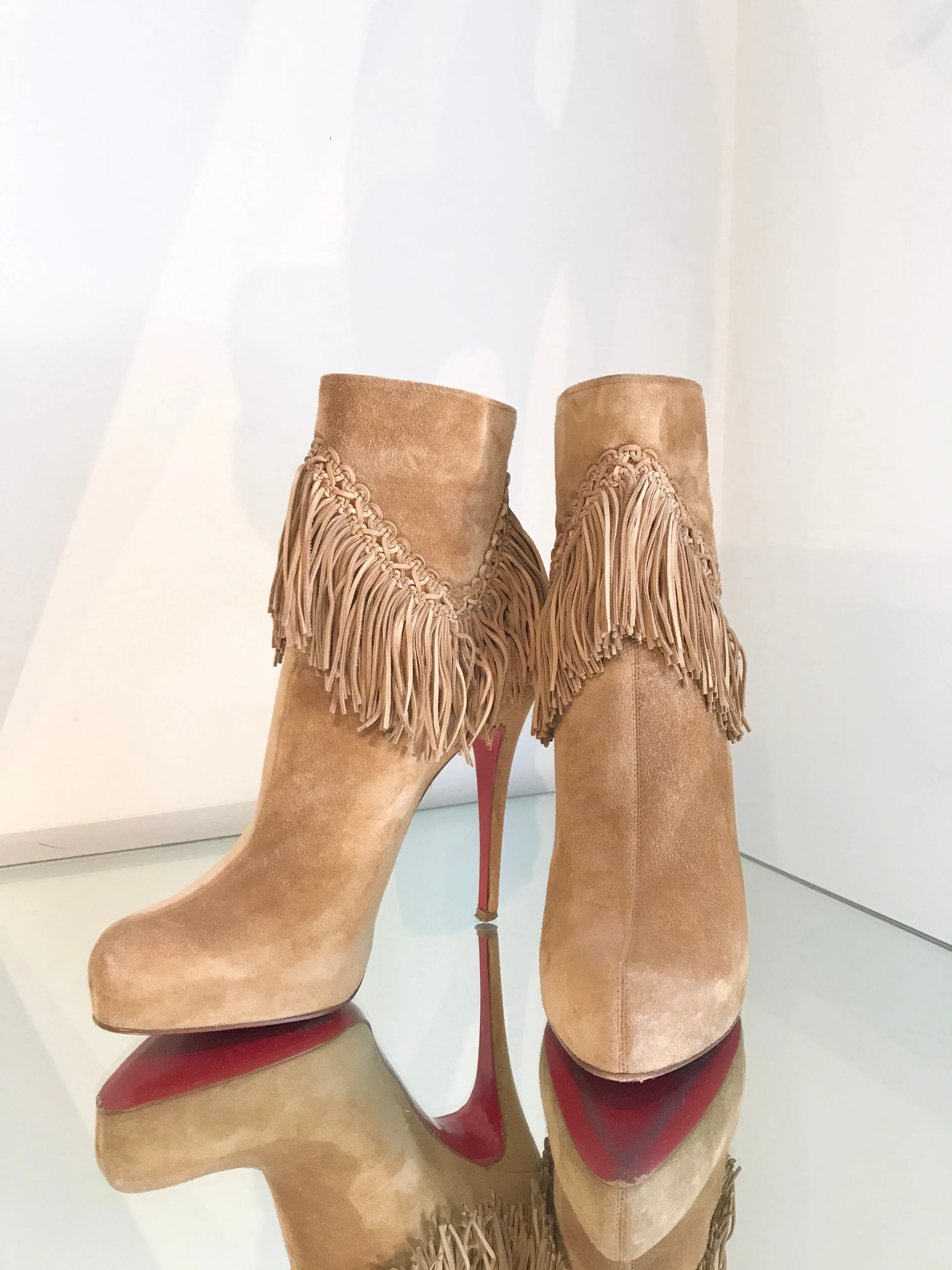 CHRISTIAN LOUBOUTIN ROM 120 Fringe Platform Suede High Heel Ankle Boots