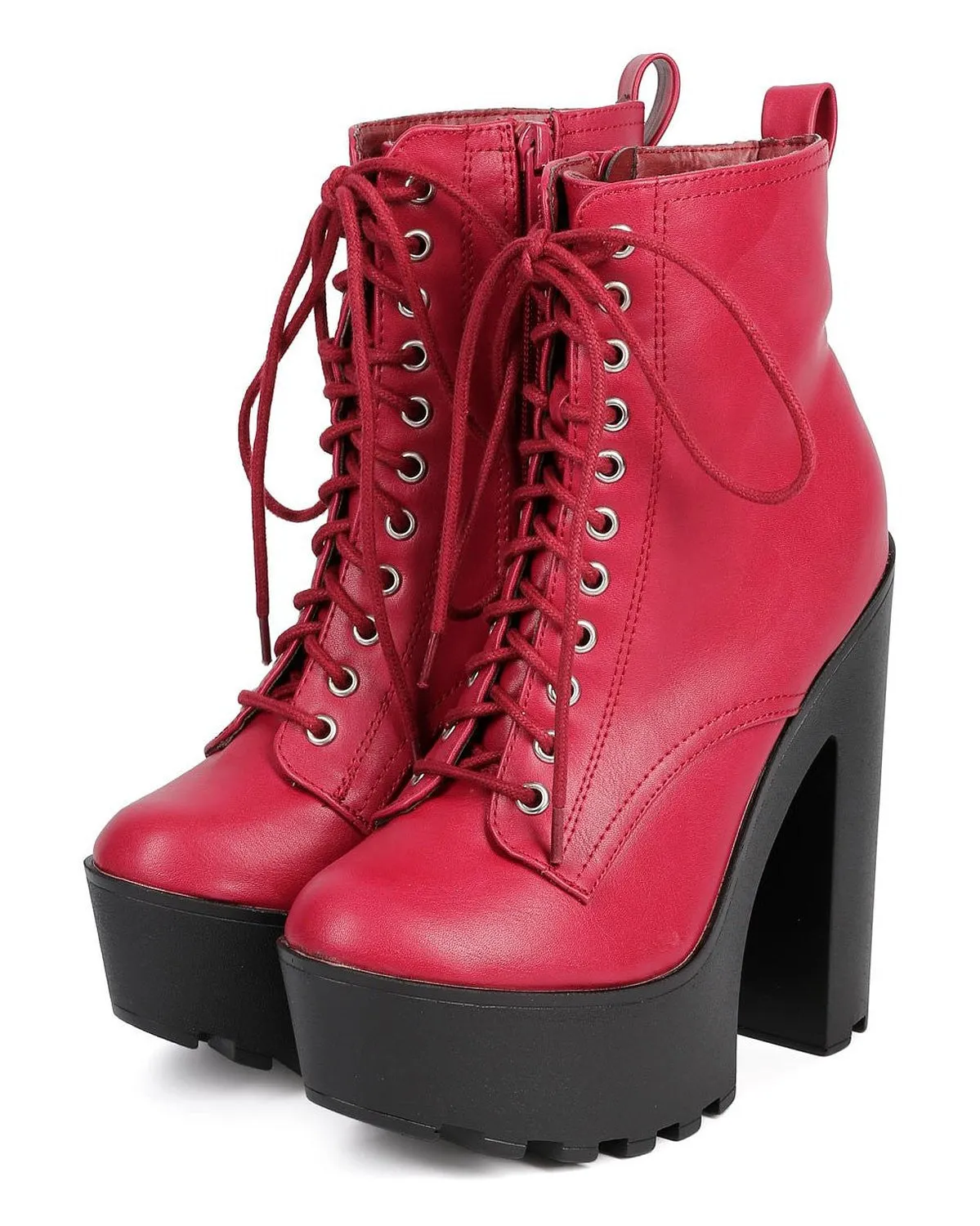 Chunky Lace Up Lug Sole Platform Ankle Combat Leatherette Vegan Boot