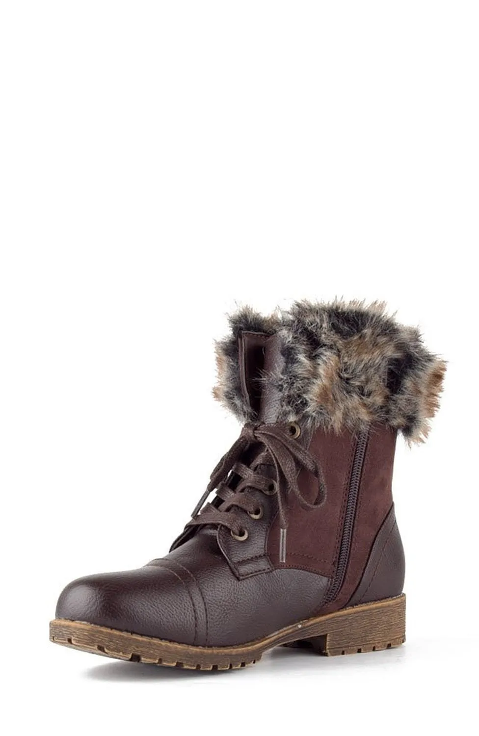 Combat Lace Up Faux Fur Ankle Cuff Lug Sole Booties