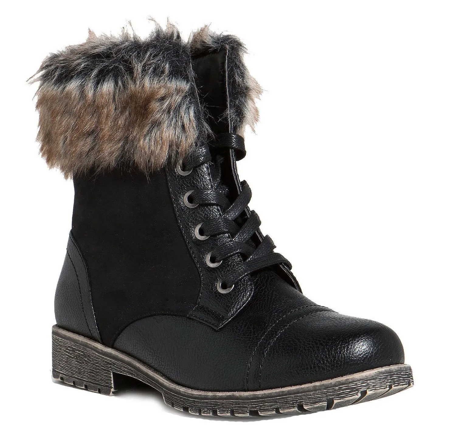 Combat Lace Up Faux Fur Ankle Cuff Lug Sole Booties