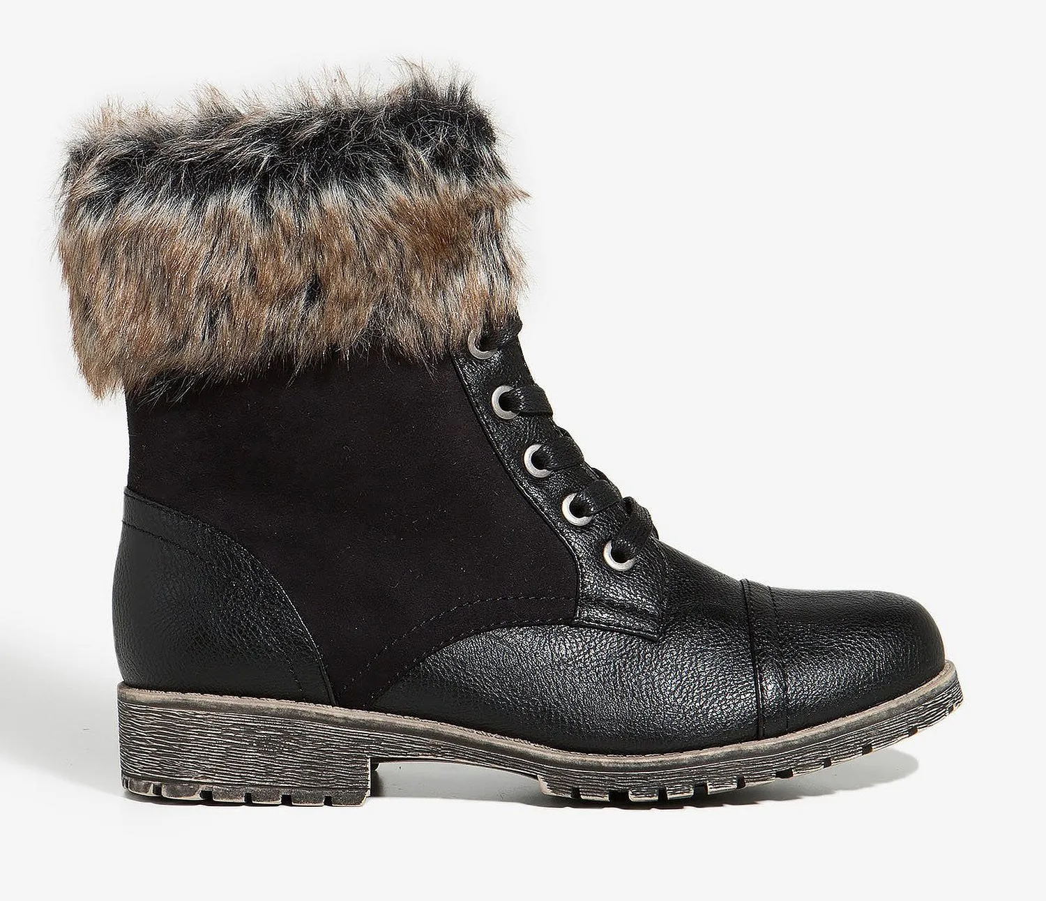 Combat Lace Up Faux Fur Ankle Cuff Lug Sole Booties