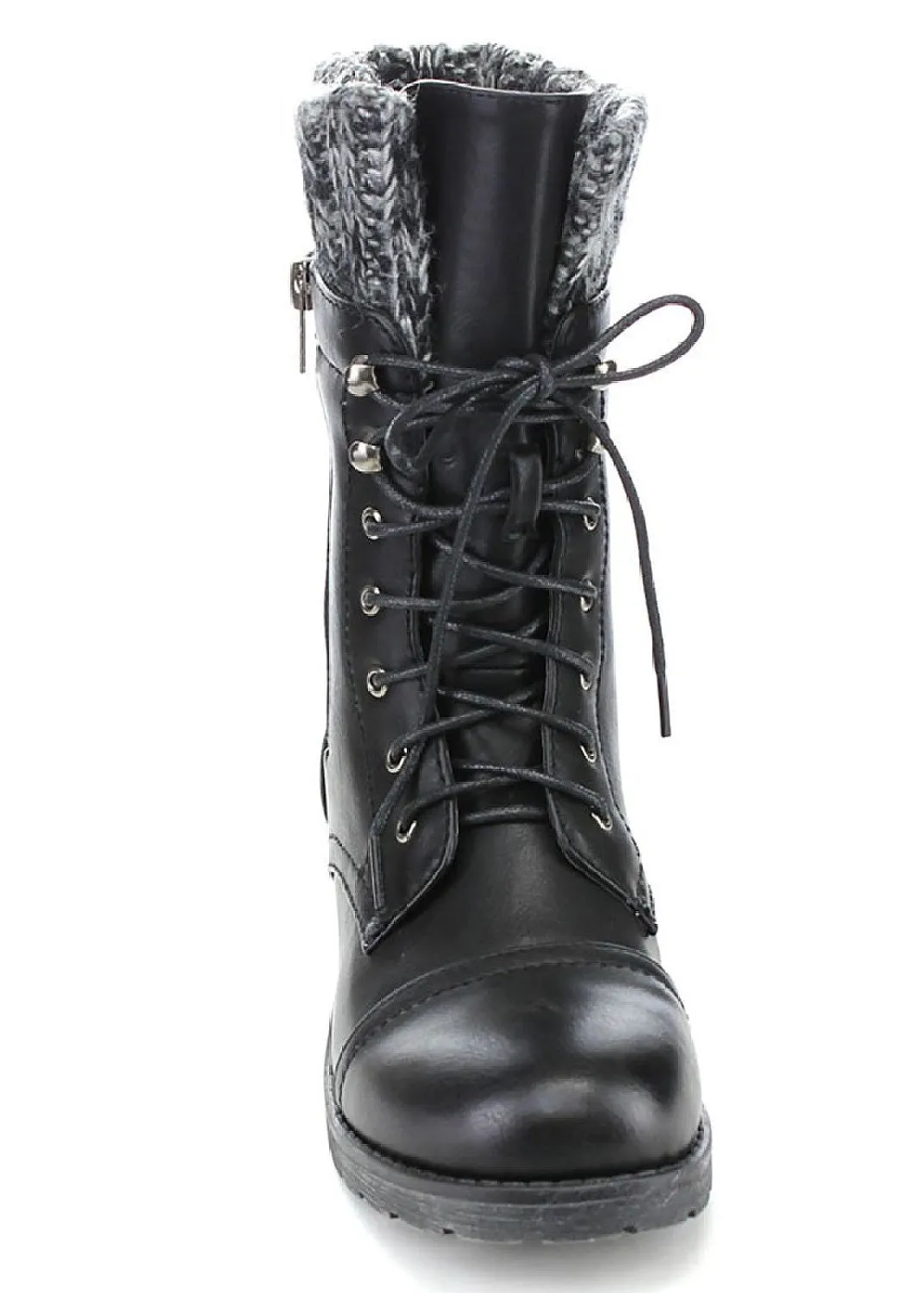 Cozy Sweater Cuffed Combat Lace Up Vegan Leather Boots