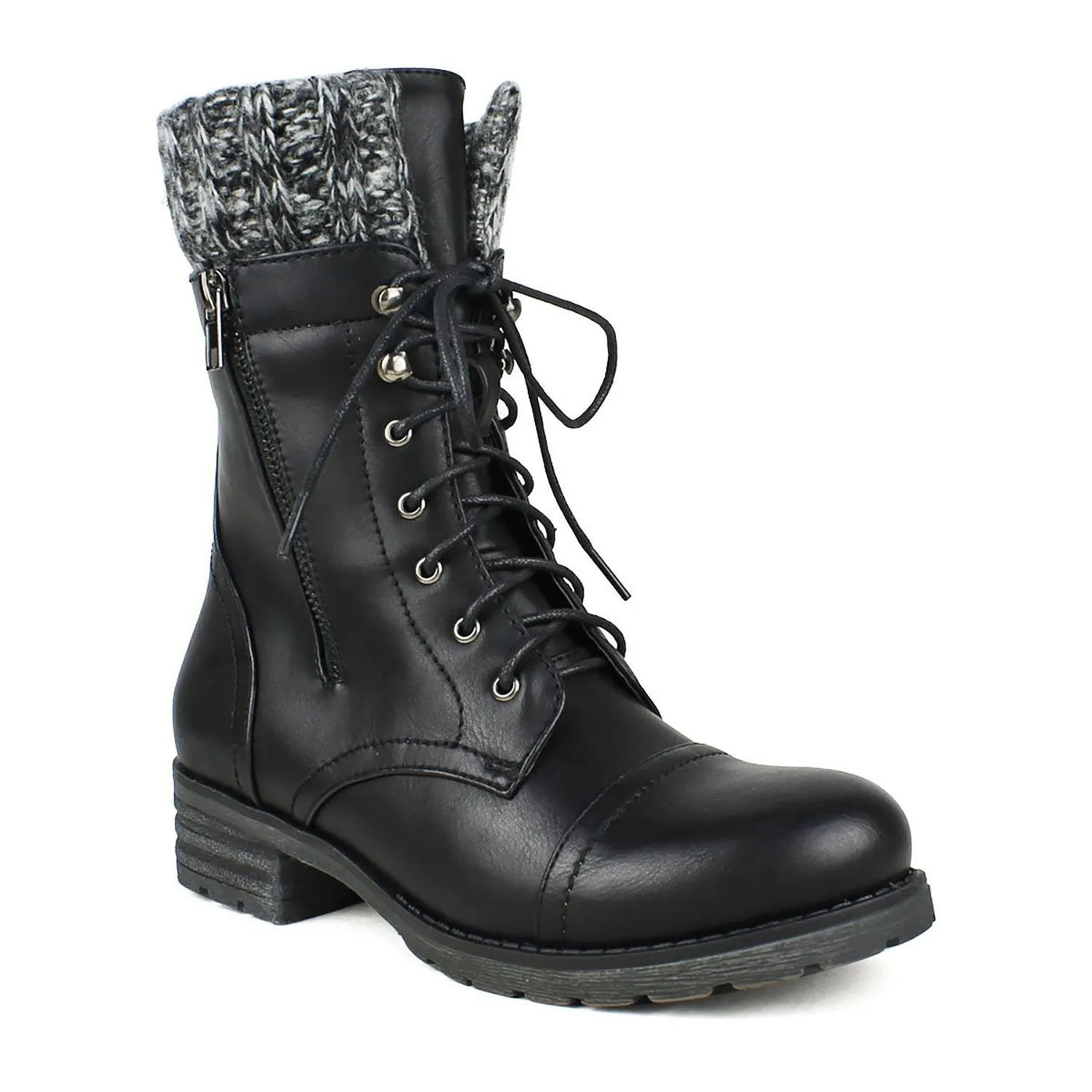 Cozy Sweater Cuffed Combat Lace Up Vegan Leather Boots