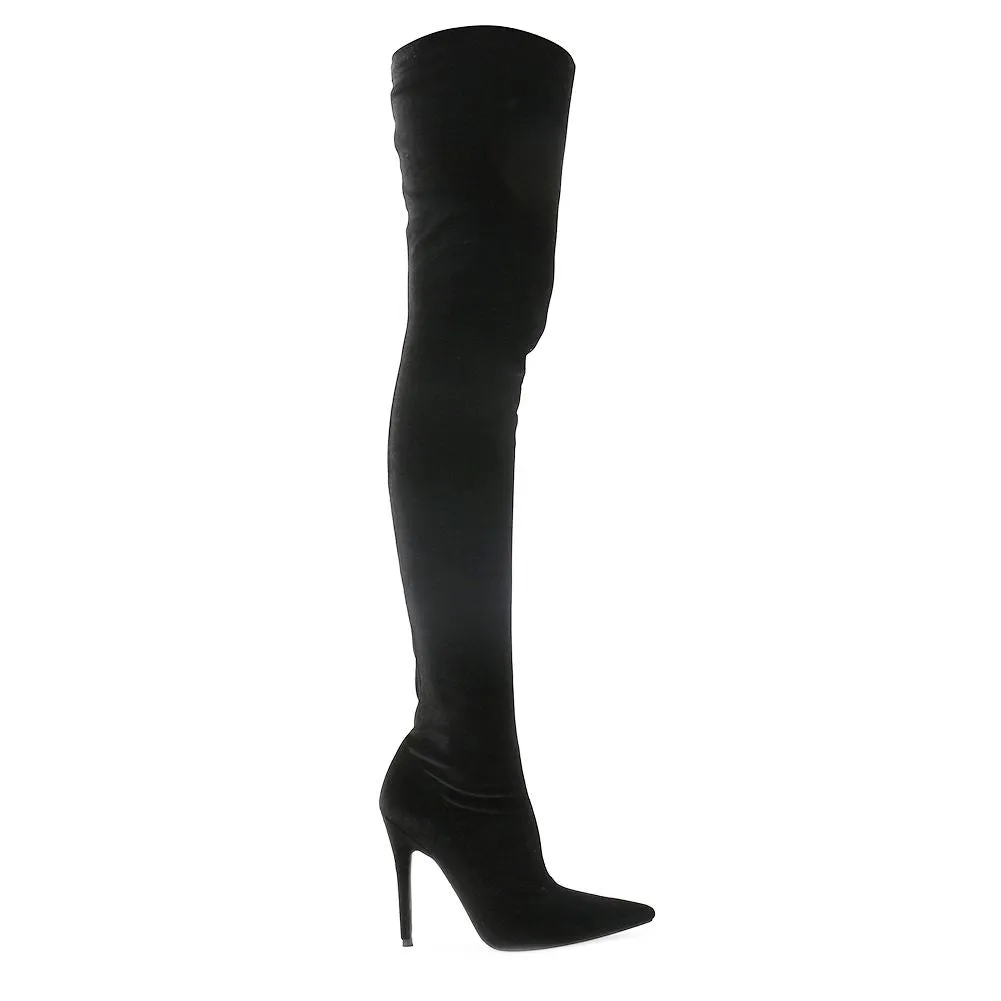 Dazzle Sock Fit Pointed Toe Over The Knee Boots in Black Velvet