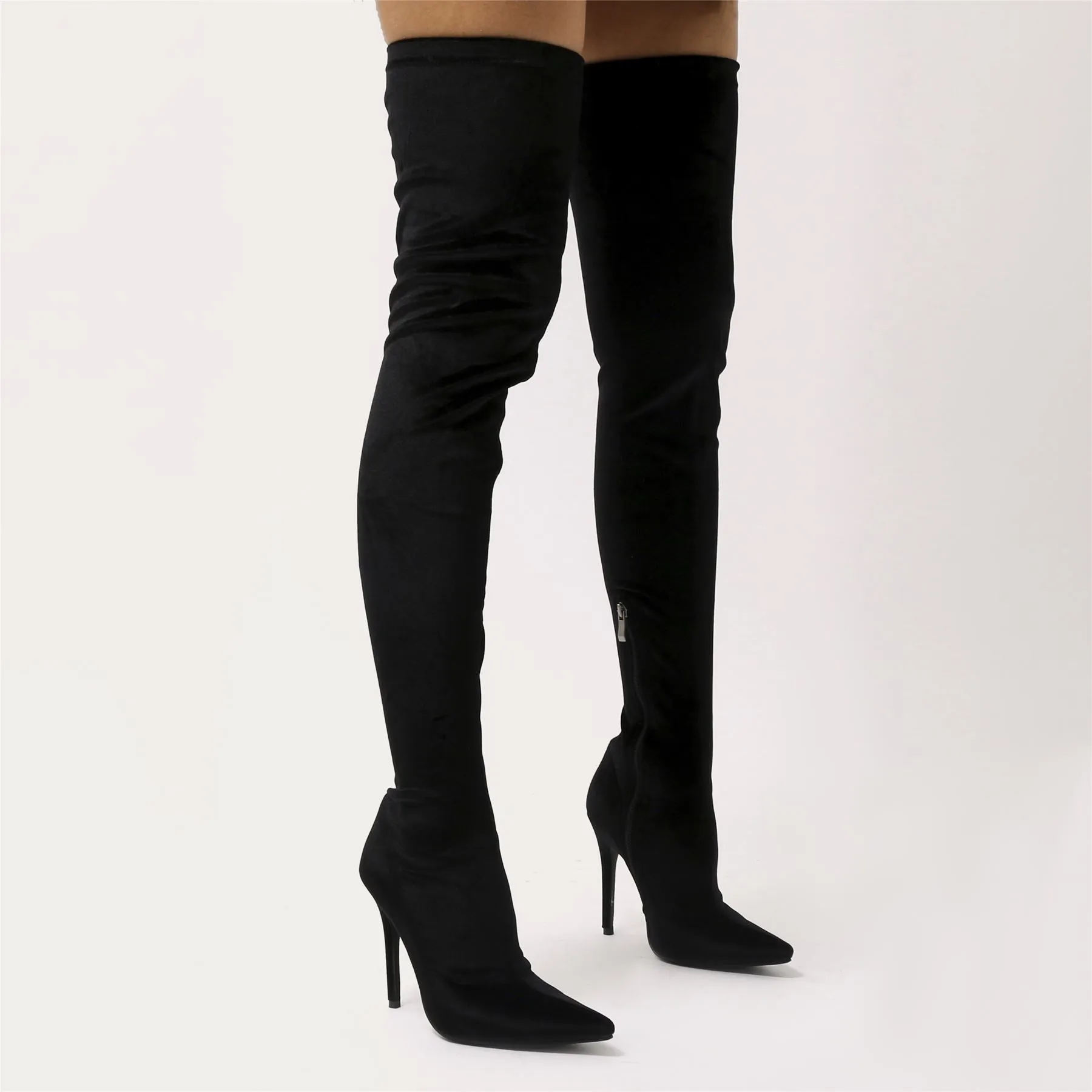 Dazzle Sock Fit Pointed Toe Over The Knee Boots in Black Velvet