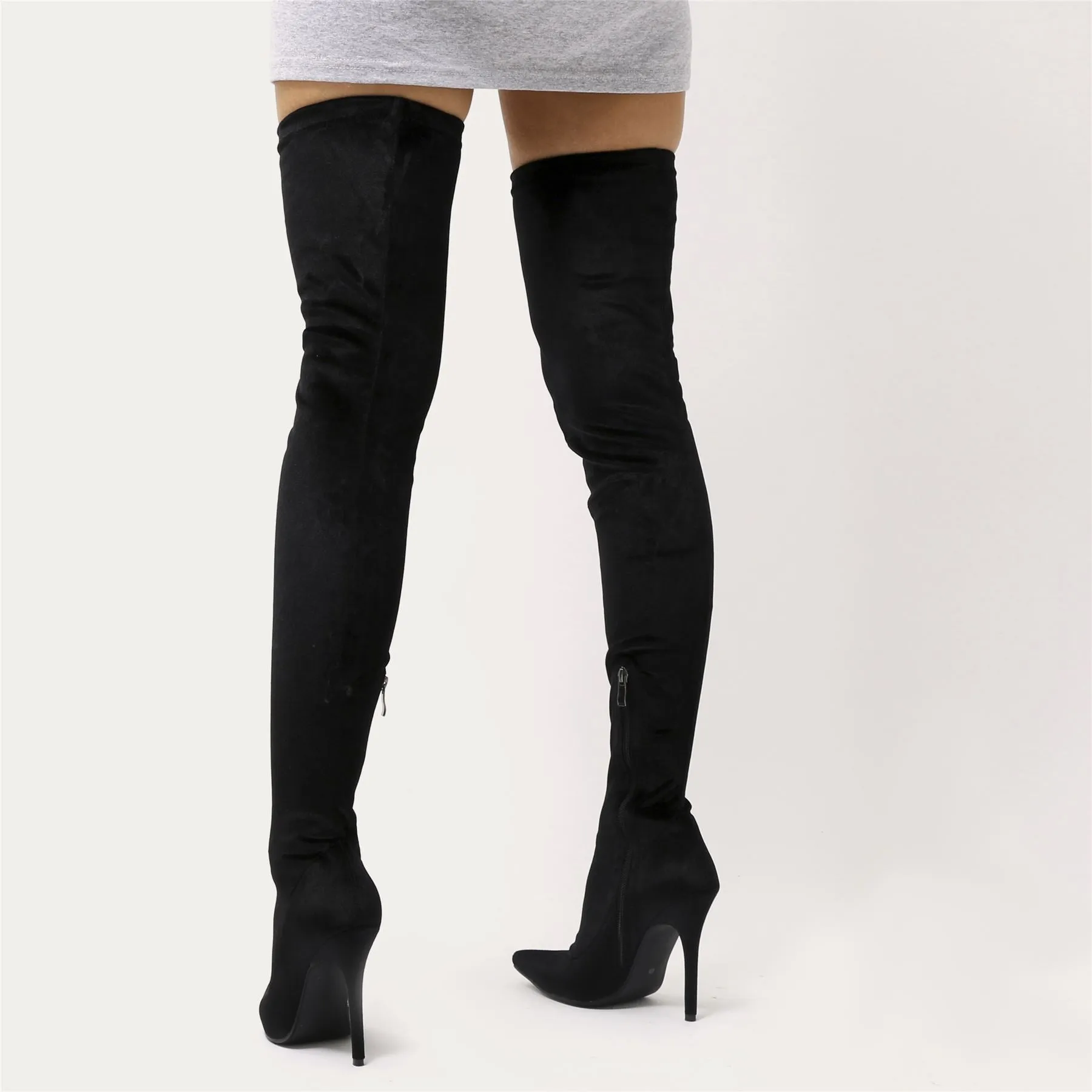 Dazzle Sock Fit Pointed Toe Over The Knee Boots in Black Velvet