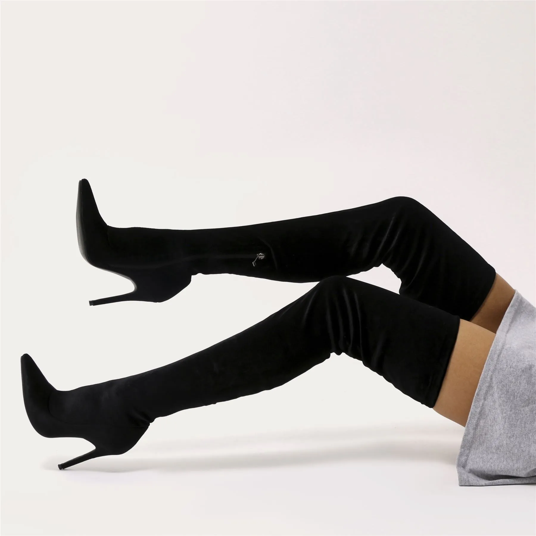 Dazzle Sock Fit Pointed Toe Over The Knee Boots in Black Velvet