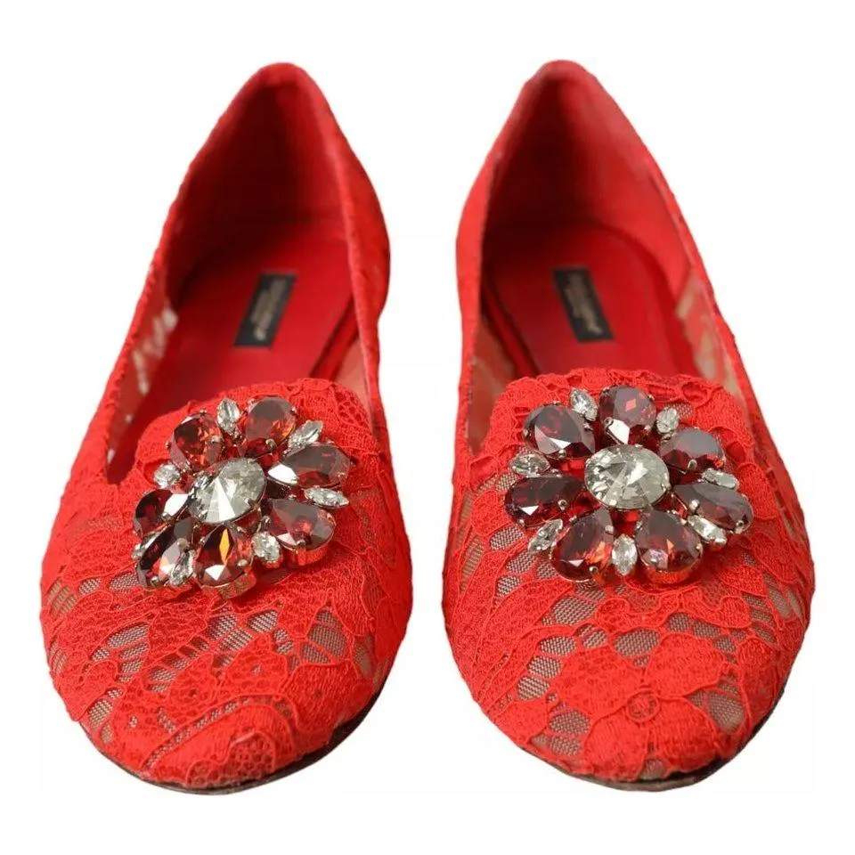 Dolce & Gabbana Red Lace Crystal Ballet Loafers Shoes