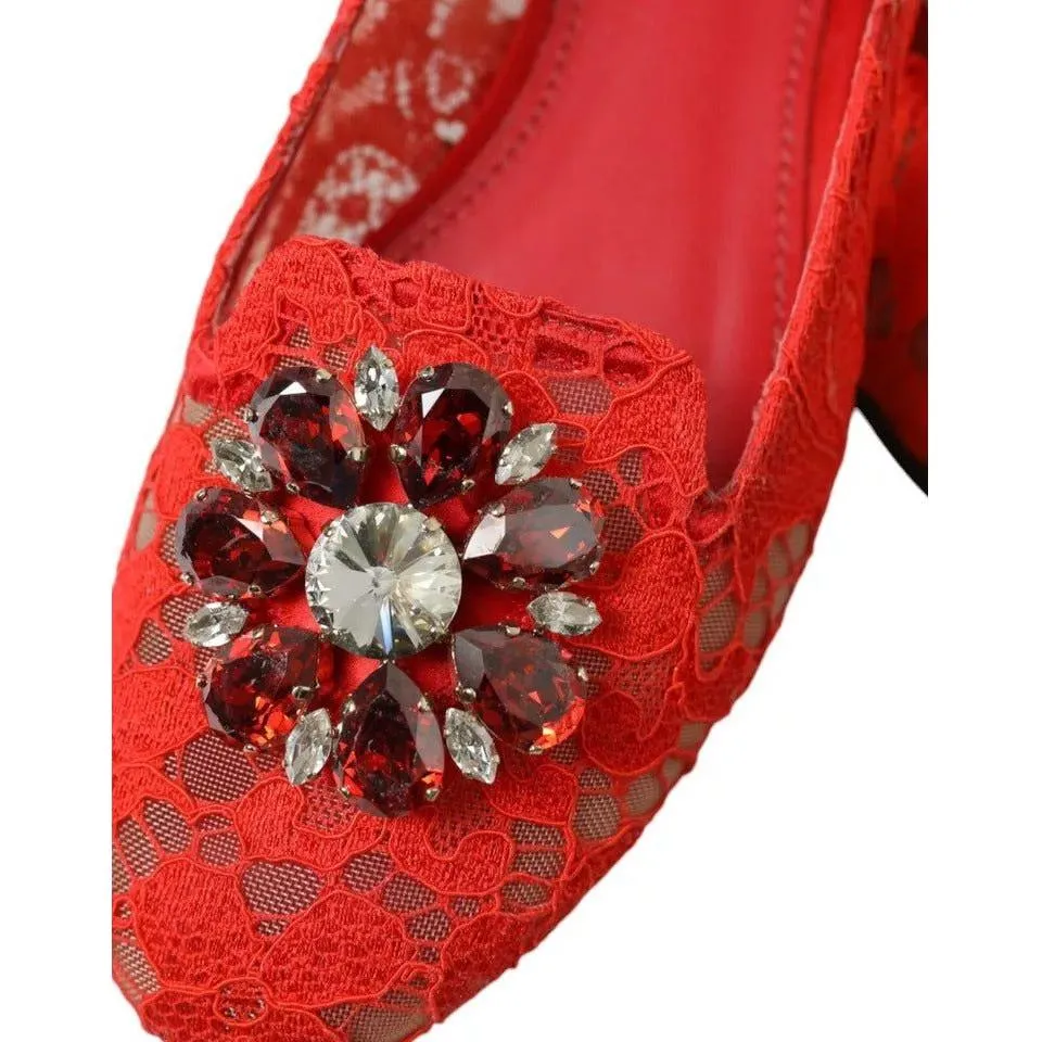 Dolce & Gabbana Red Lace Crystal Ballet Loafers Shoes