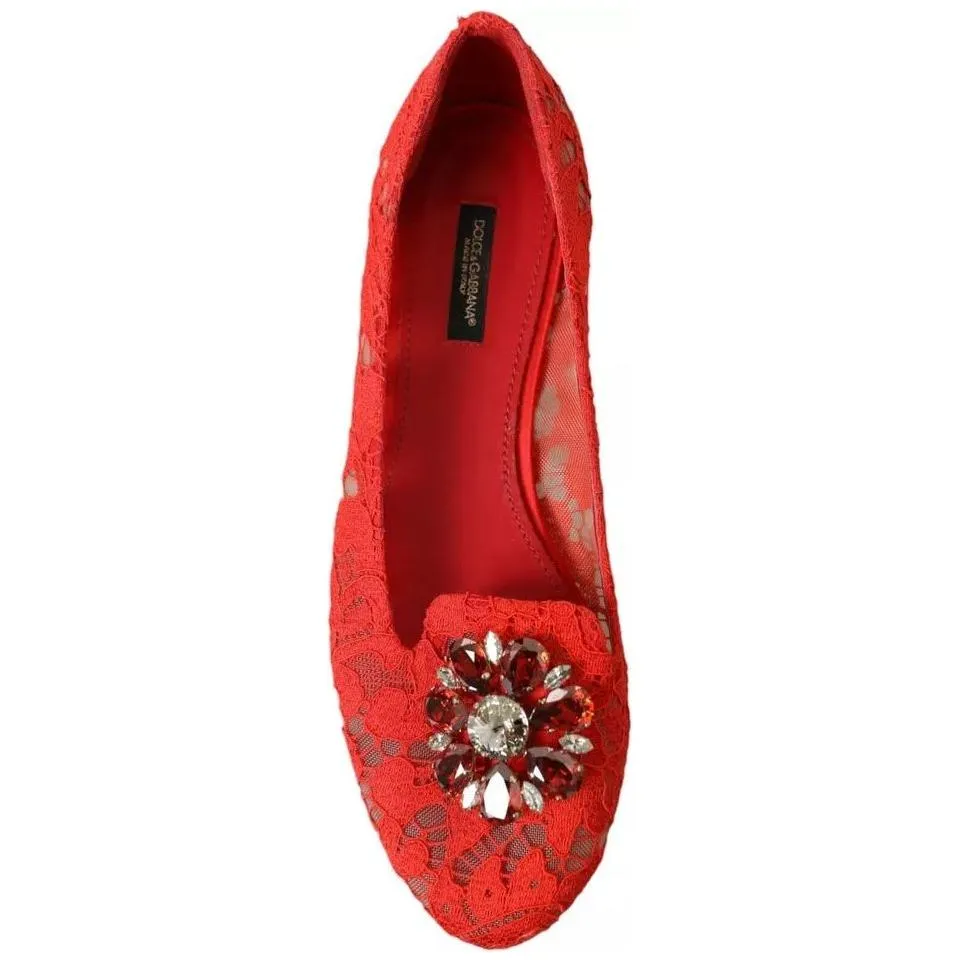 Dolce & Gabbana Red Lace Crystal Ballet Loafers Shoes