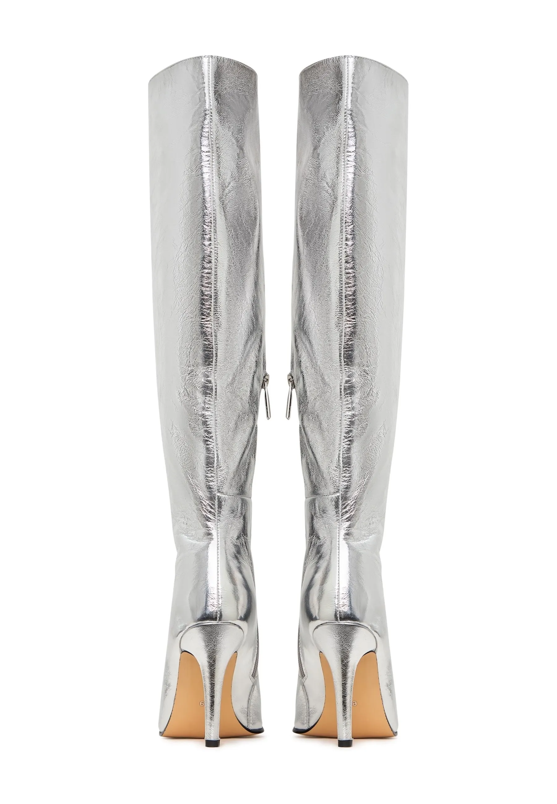 Elegant Silver Knee-High Metallic Boots - Trendy High Heel Statement Footwear - Silver