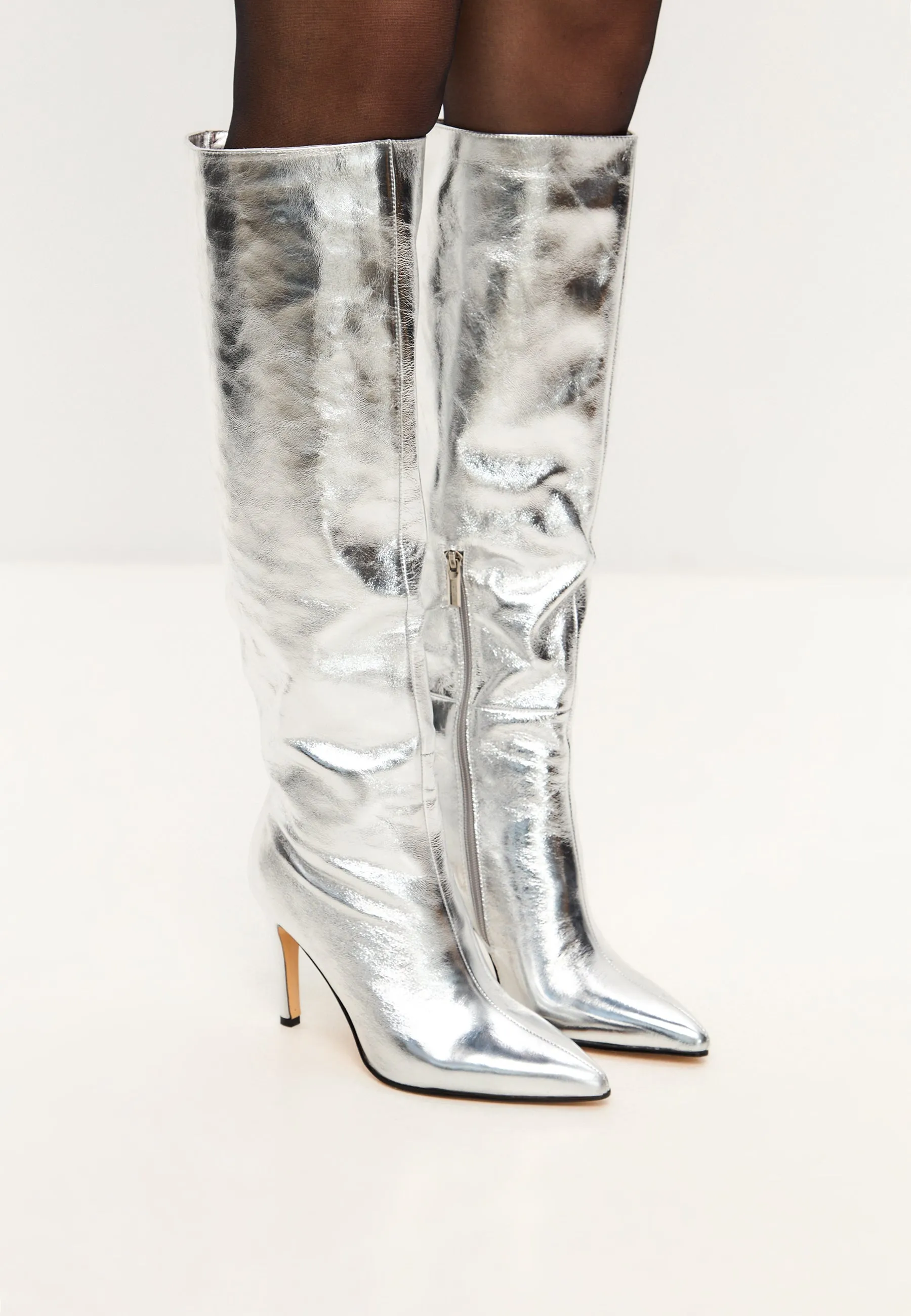 Elegant Silver Knee-High Metallic Boots - Trendy High Heel Statement Footwear - Silver