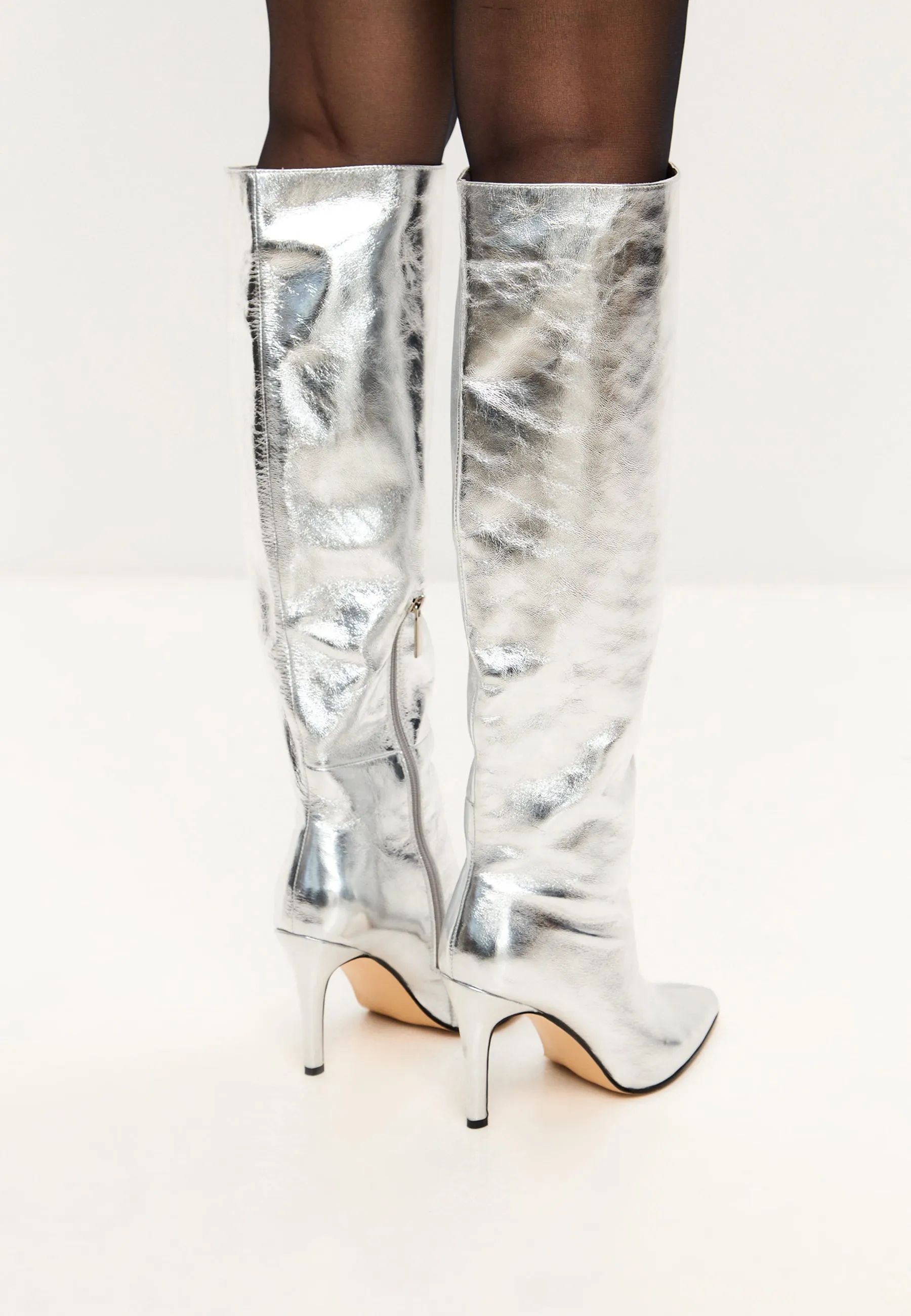 Elegant Silver Knee-High Metallic Boots - Trendy High Heel Statement Footwear - Silver