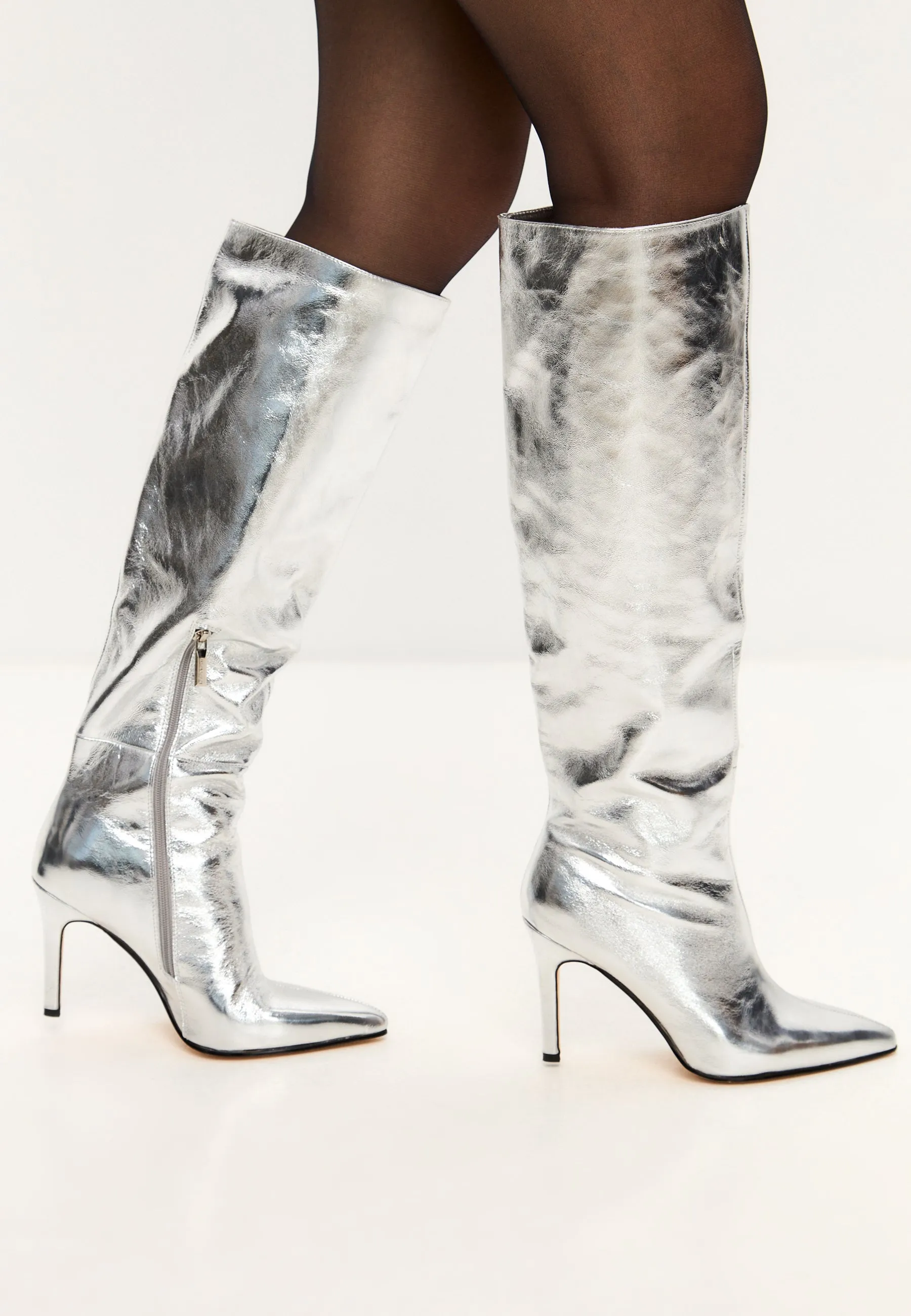 Elegant Silver Knee-High Metallic Boots - Trendy High Heel Statement Footwear - Silver