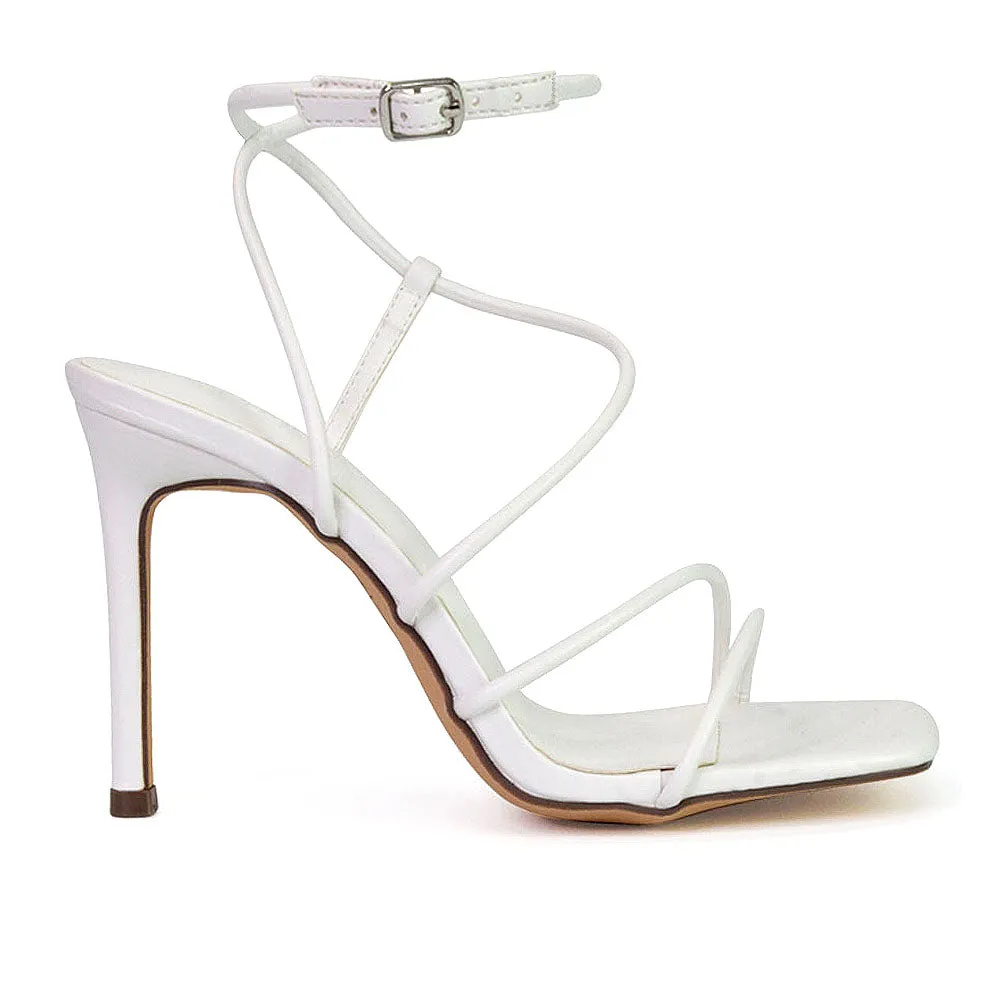 Flynn Strappy Buckle Up Square Toe Shoes With Stiletto High Heels in White