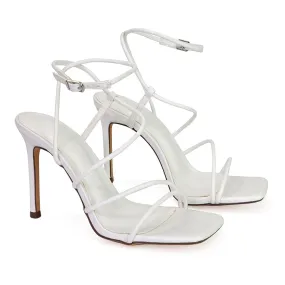 Flynn Strappy Buckle Up Square Toe Shoes With Stiletto High Heels in White