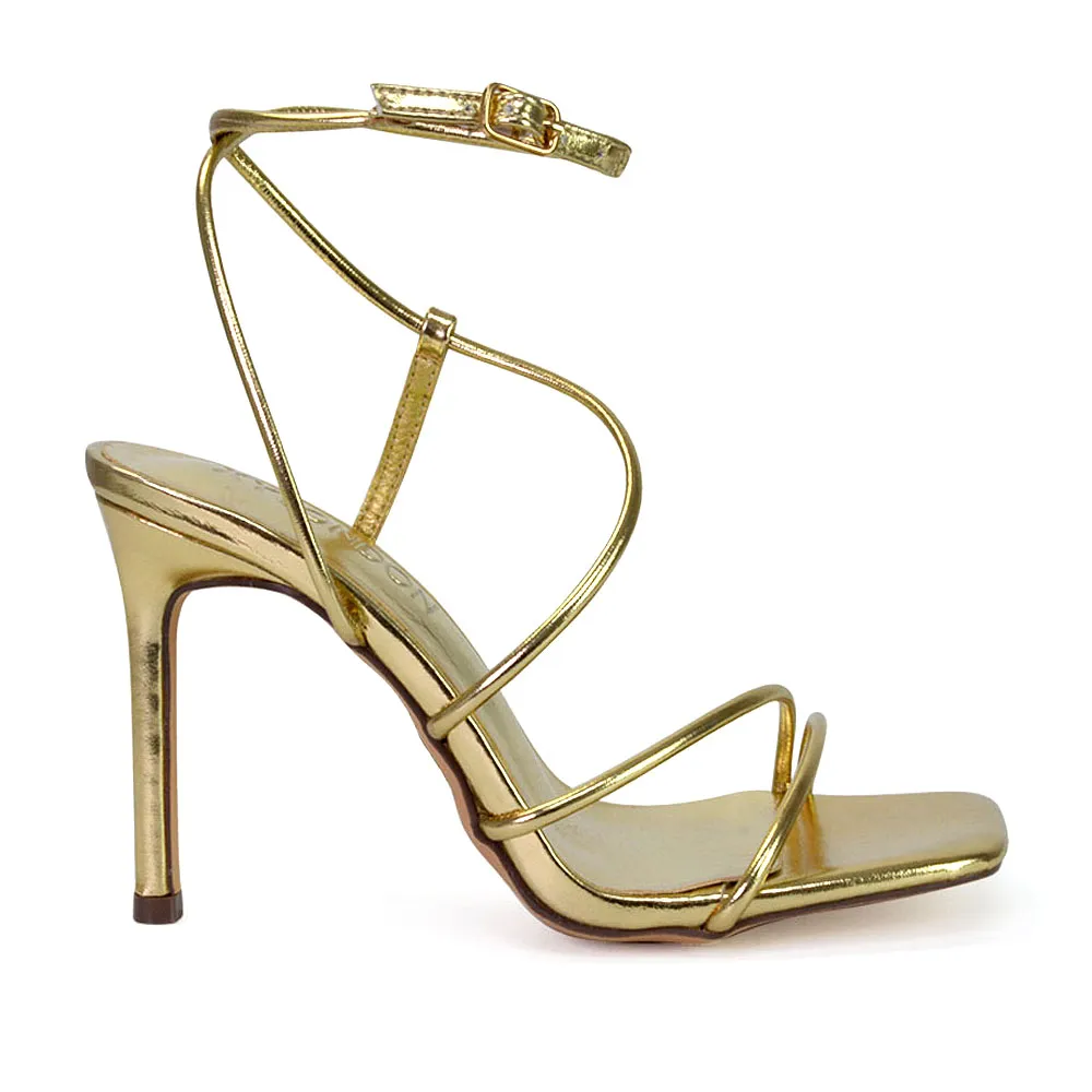 Flynn Strappy Buckle Up Square Toe Shoes With Stiletto High Heels in White