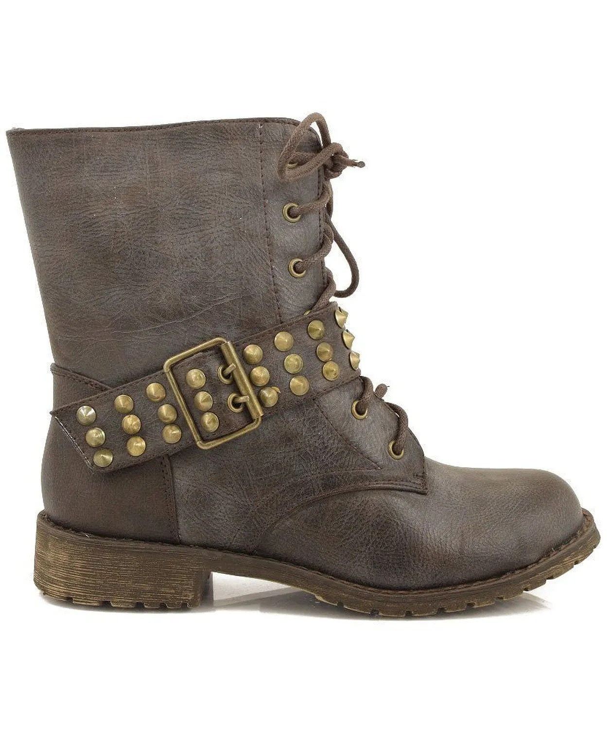 Harley-13 Brown Lace up Studded Spike Buckle Combat Boot