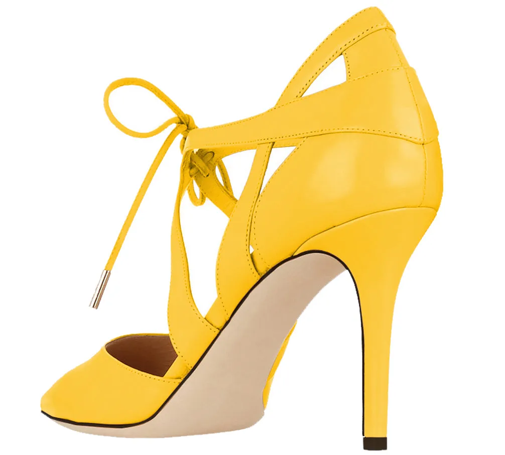 Lace-up 10cm Yellow Pumps Cross Strap Dress Party High Heels for Woman