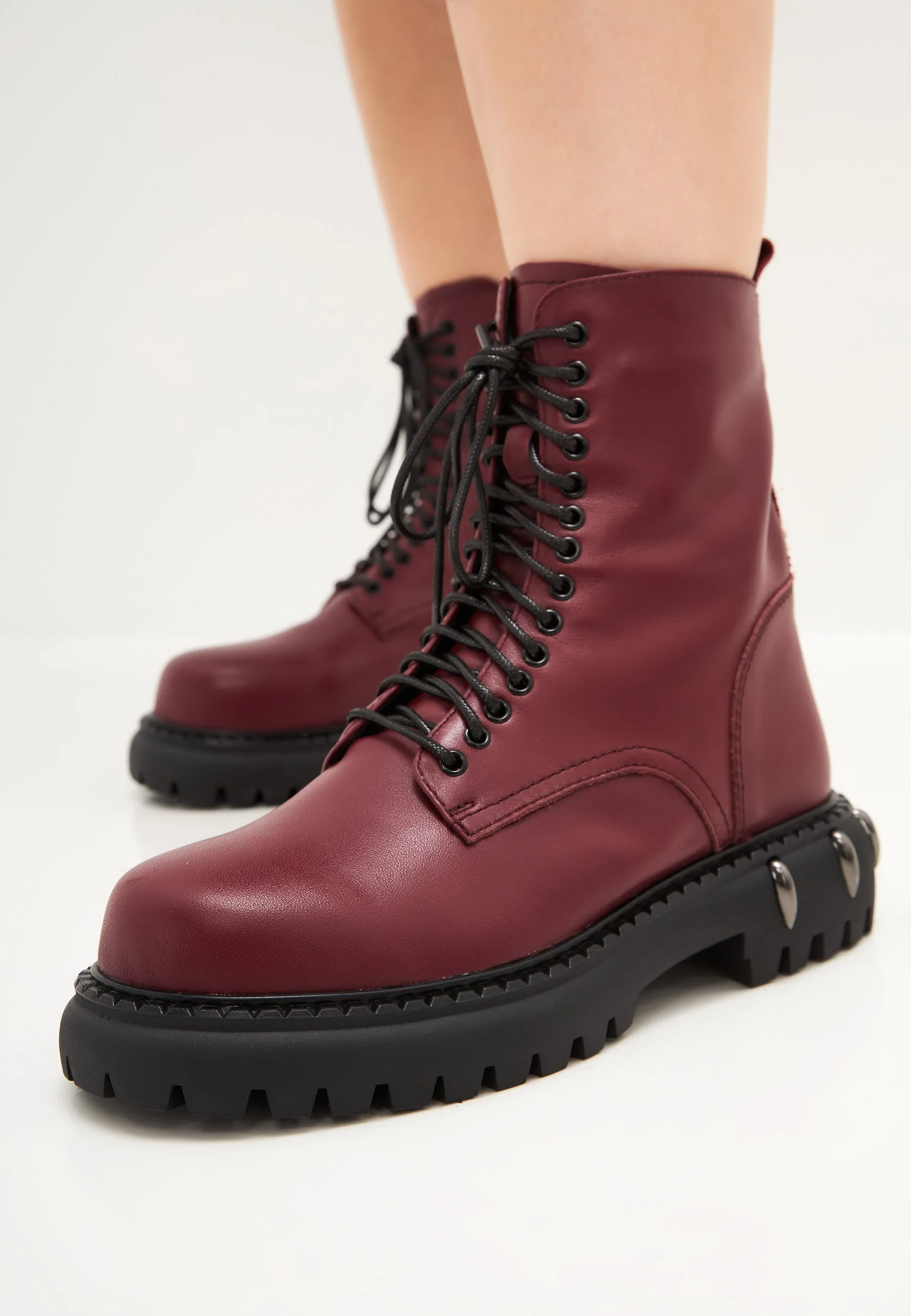 Lace-Up Combat Boots with Chunky Sole - Bordeaux