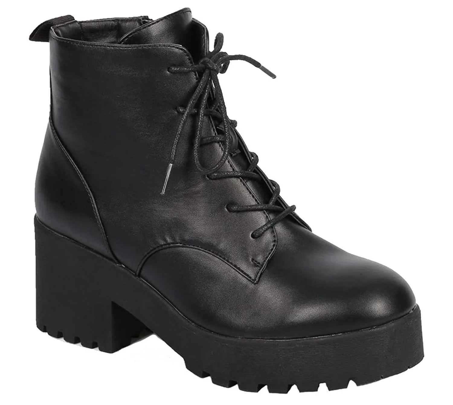 Lace up Vegan Leather Lug Sole Chunky Heel Women's Combat Boot