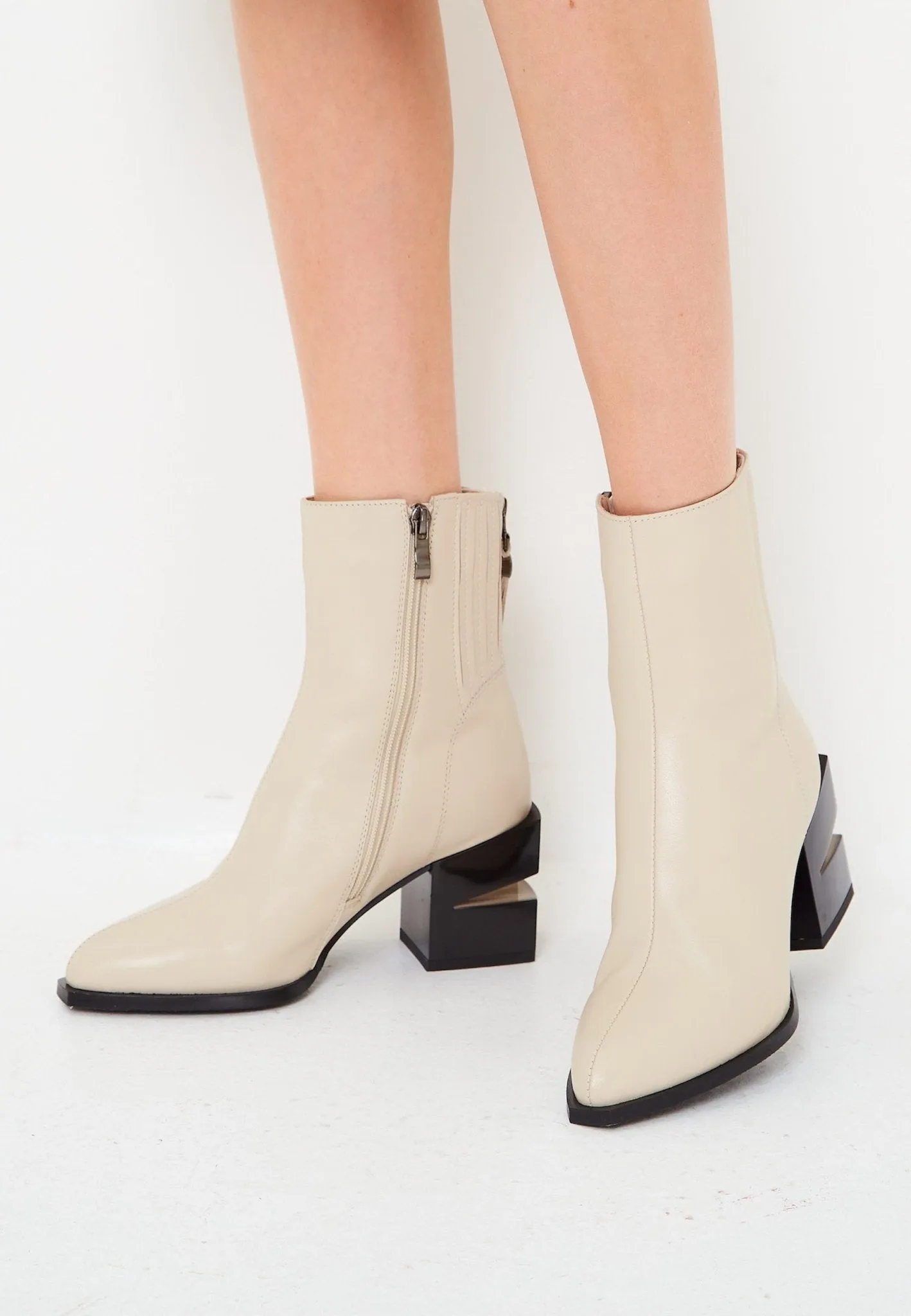 Leather Block Heel Ankle Boots - Beige