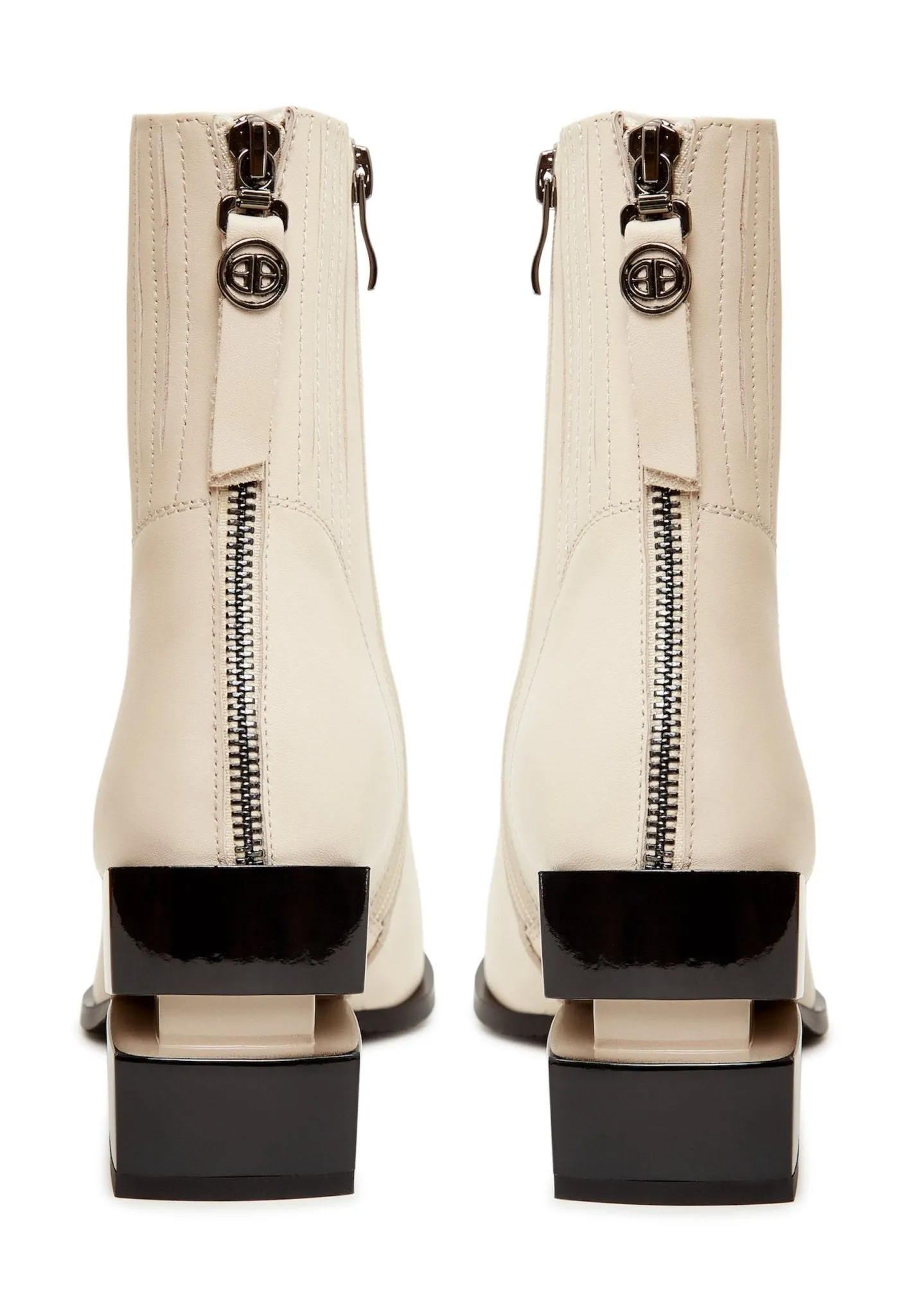 Leather Block Heel Ankle Boots - Beige