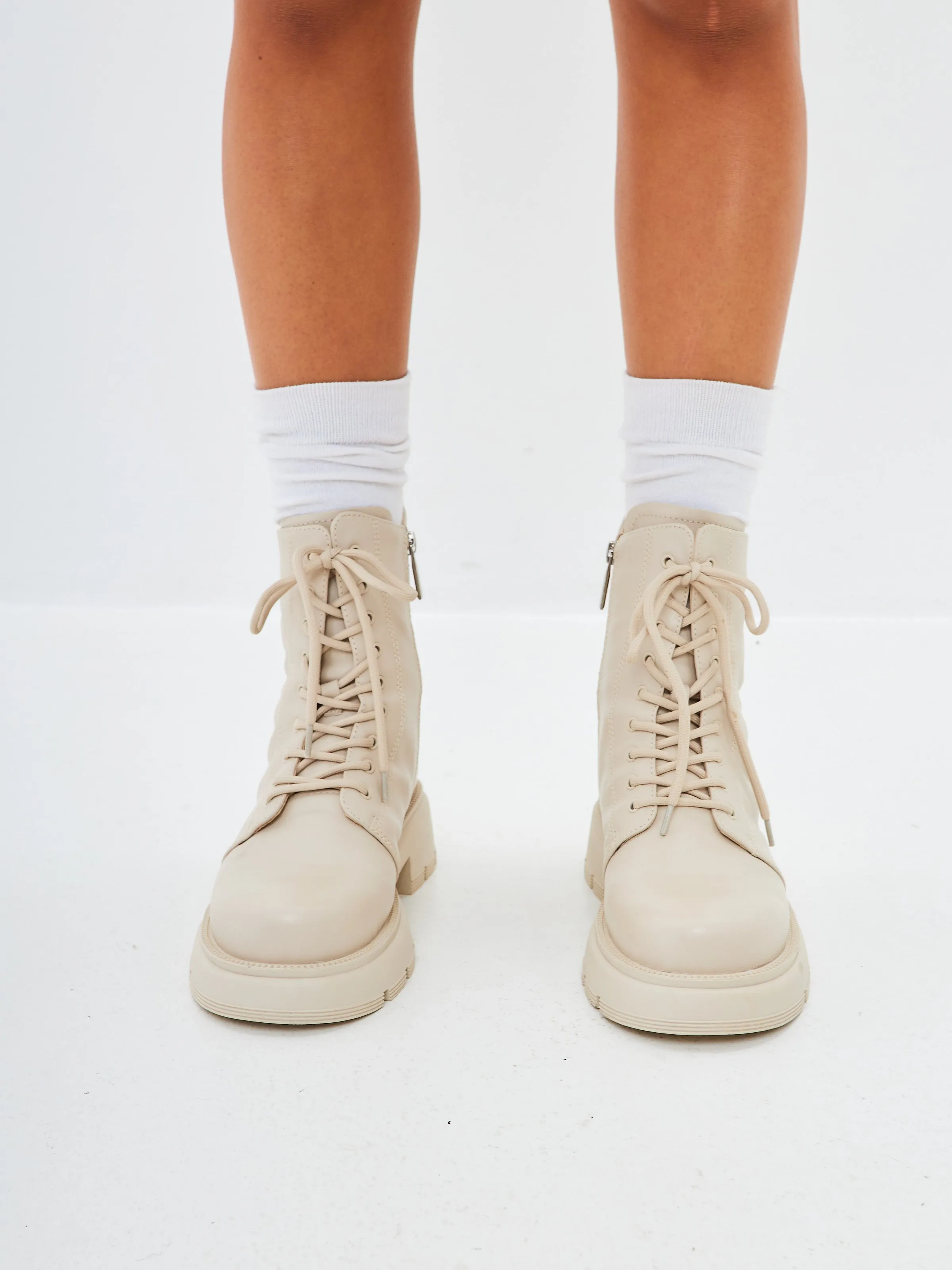 Leather Platform Ankle Boots - Ivory