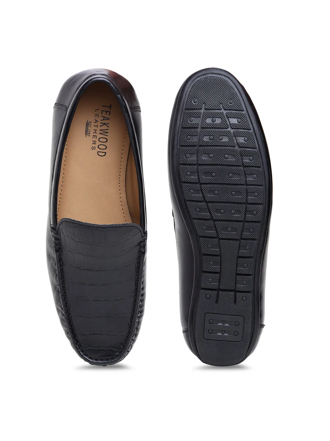 Men Texture Genuine Leather Black Loafers