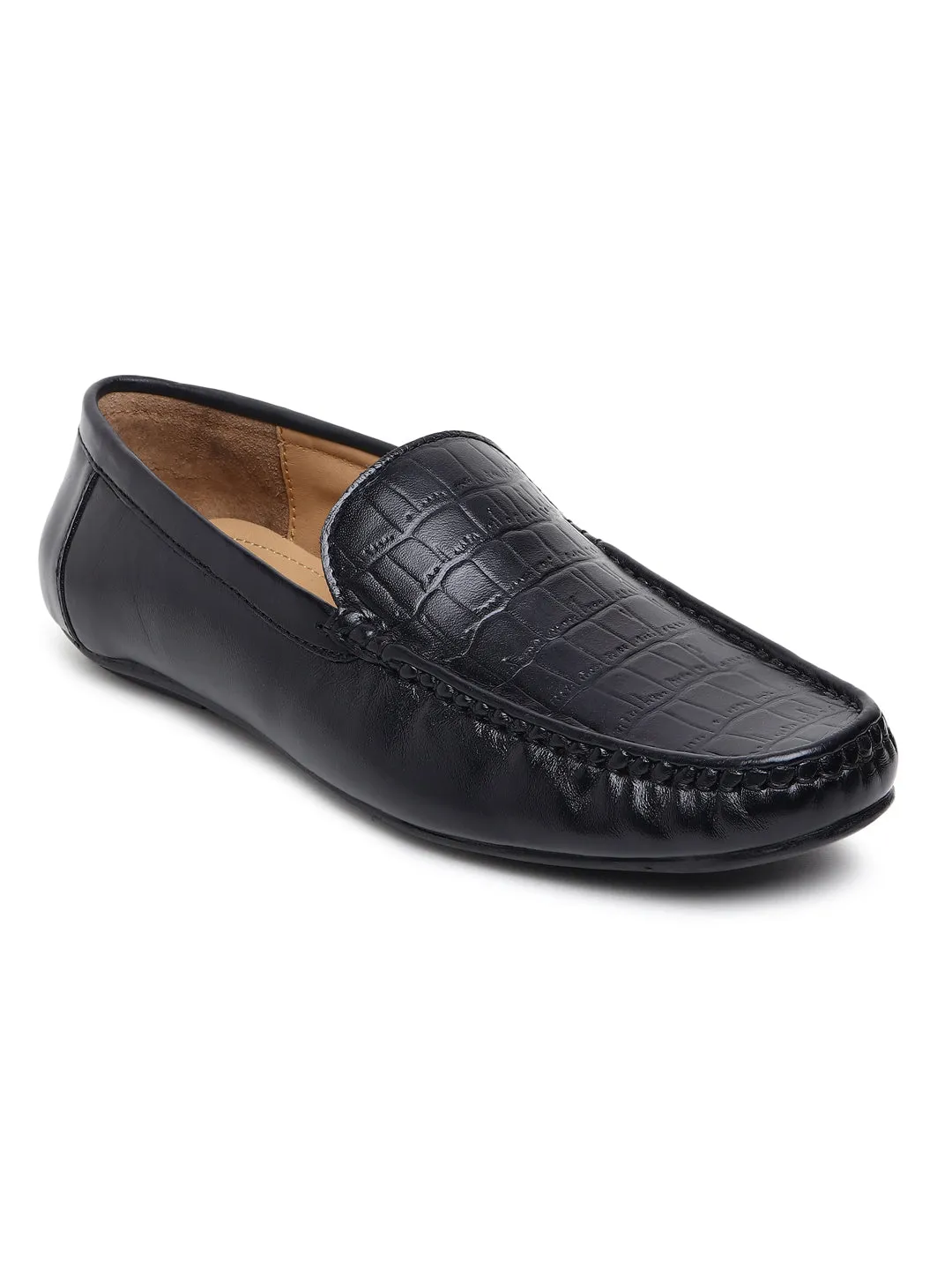 Men Texture Genuine Leather Black Loafers