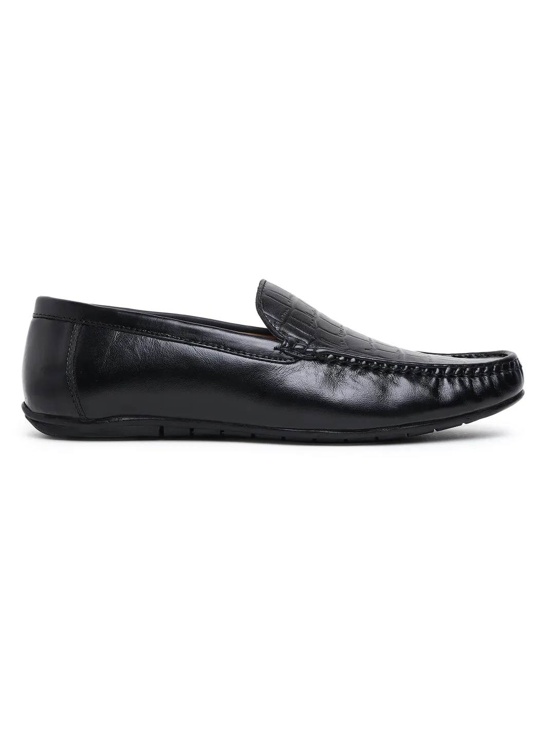 Men Texture Genuine Leather Black Loafers