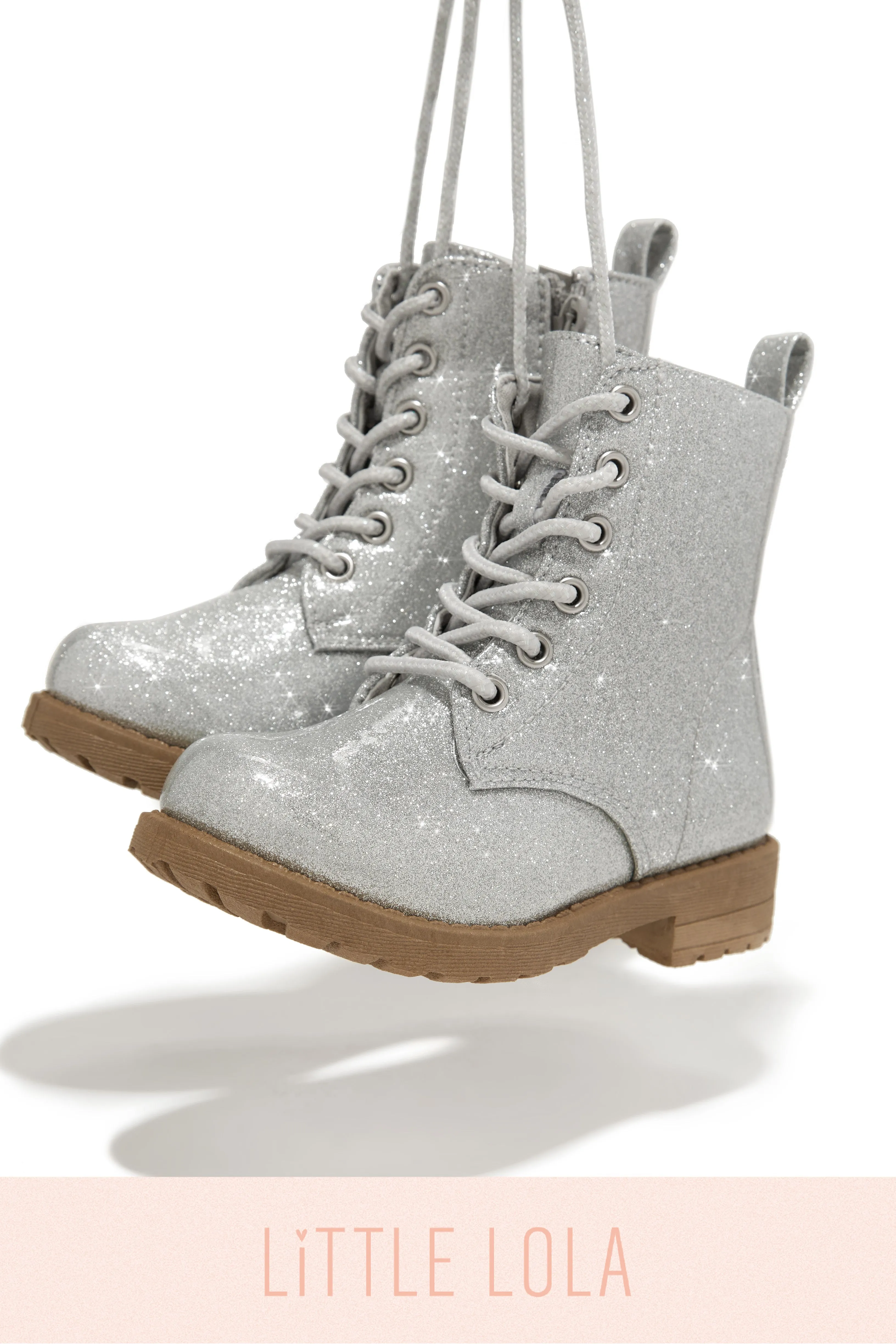 Mini Attitude Kids Glitter Lace Up Combat Boots - Silver