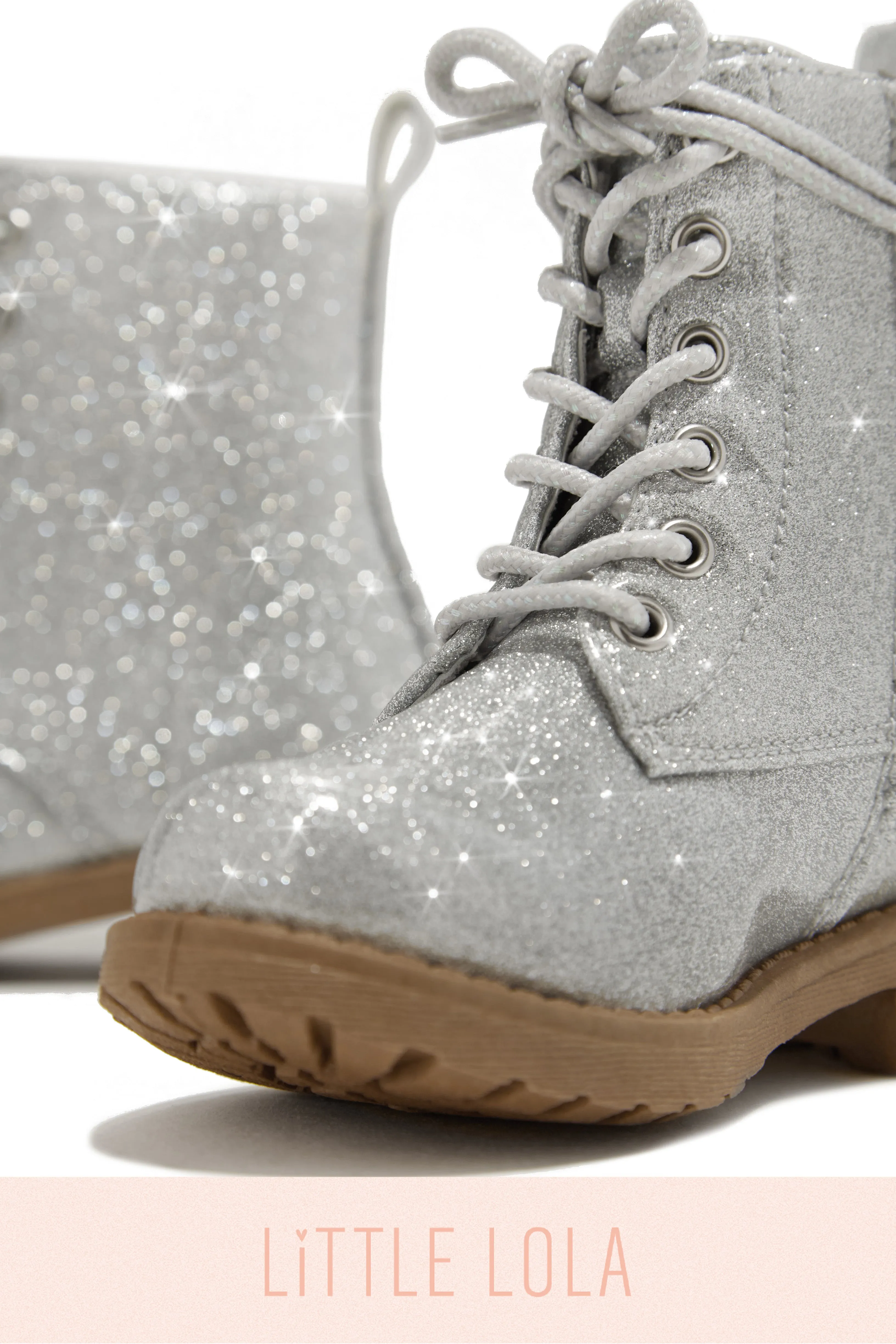 Mini Attitude Kids Glitter Lace Up Combat Boots - Silver