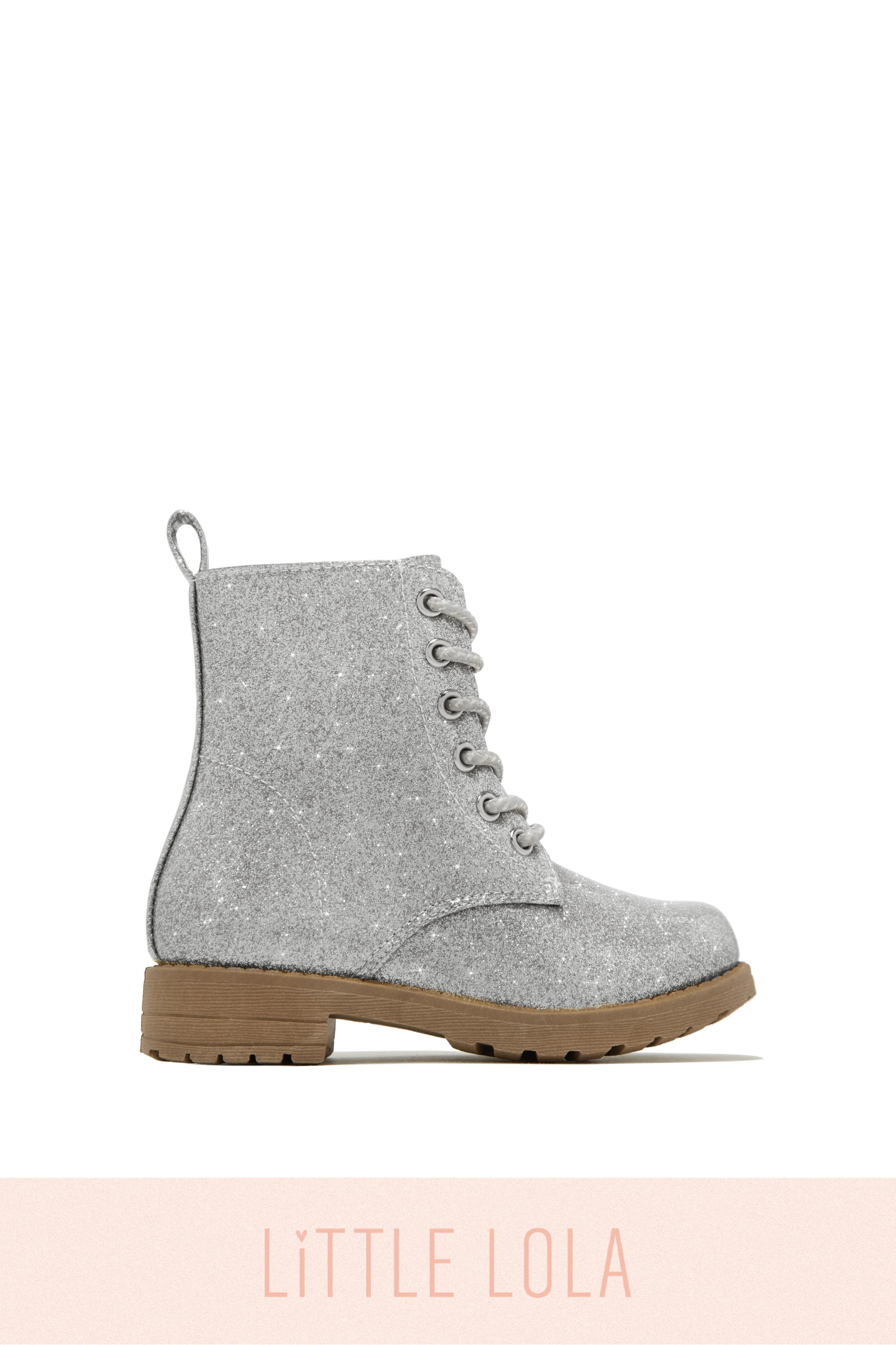 Mini Attitude Kids Glitter Lace Up Combat Boots - Silver