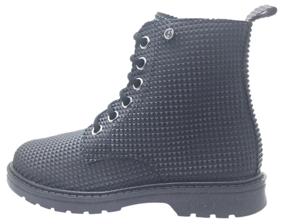 Naturino Girl's and Boy's Black Geometric 3D Leather Combat Laced Boot with Zipper