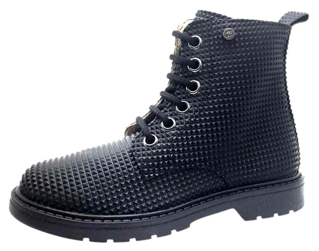 Naturino Girl's and Boy's Black Geometric 3D Leather Combat Laced Boot with Zipper