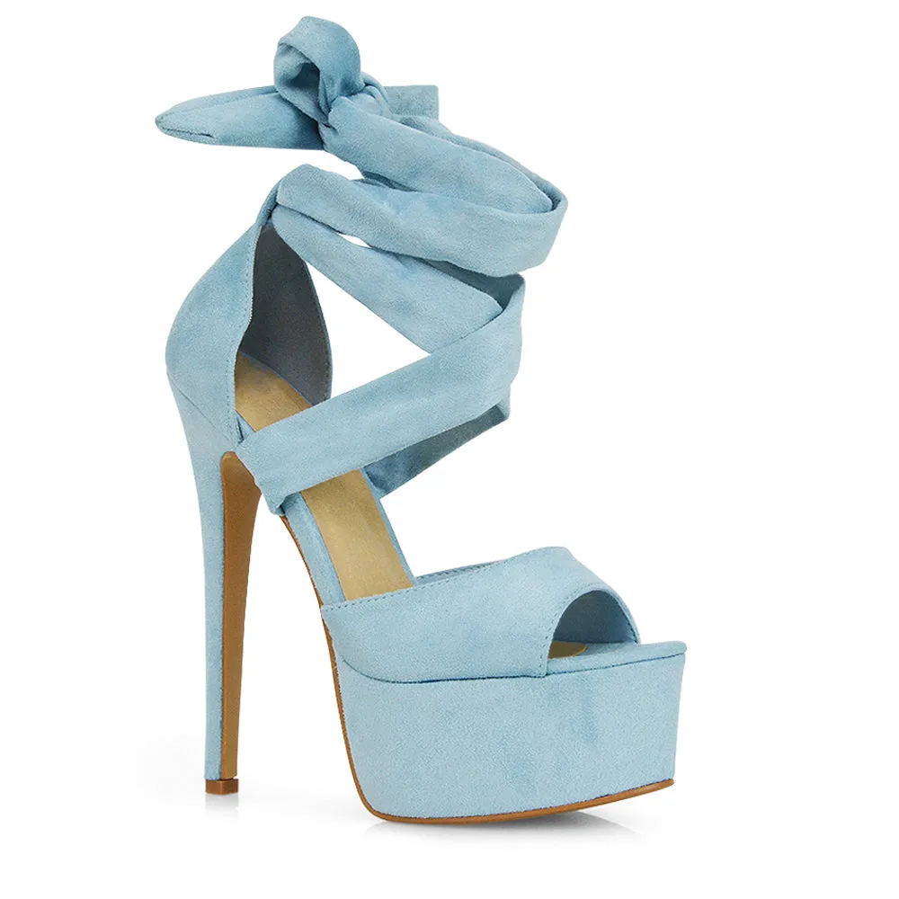 Oakley Platform Lace up Strappy Peep toe Stiletto High Heels in Blue Faux Suede