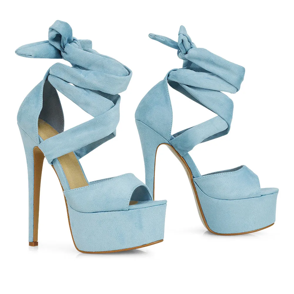 Oakley Platform Lace up Strappy Peep toe Stiletto High Heels in Blue Faux Suede