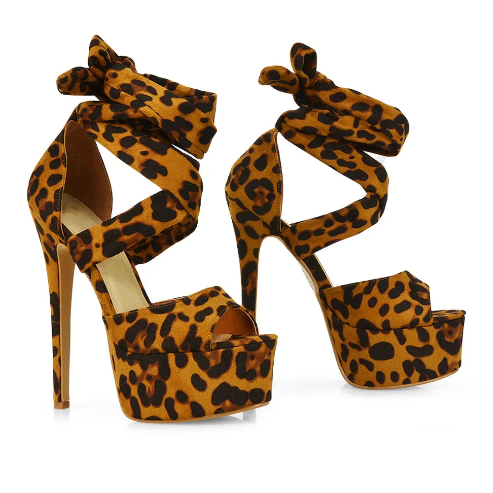 Oakley Platform Lace up Strappy Peep toe Stiletto High Heels in Leopard Faux Suede